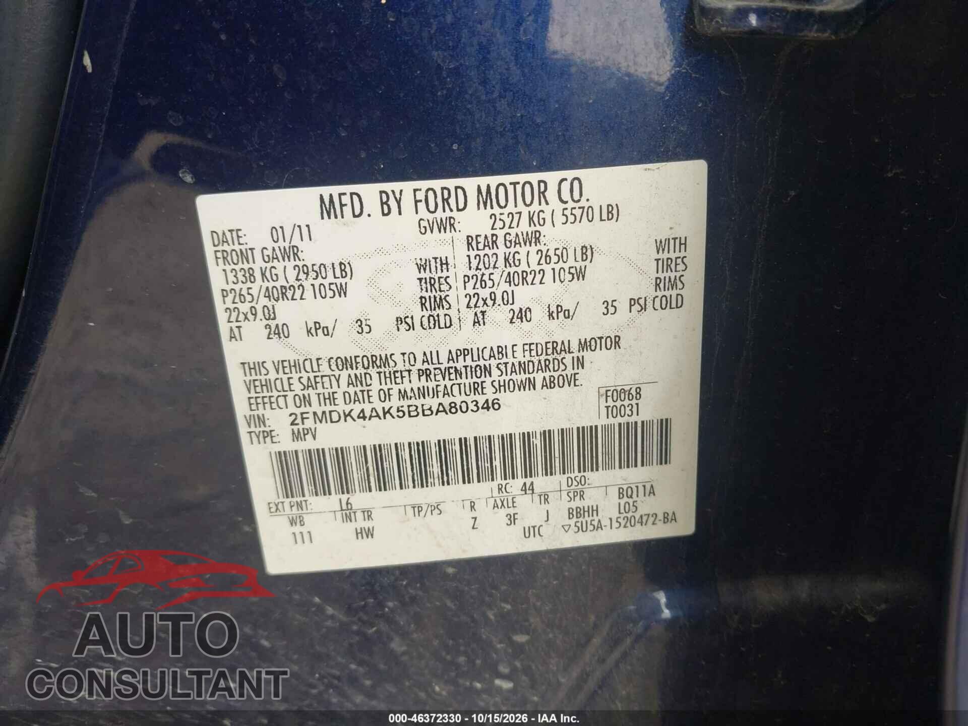 FORD EDGE 2011 - 2FMDK4AK5BBA80346