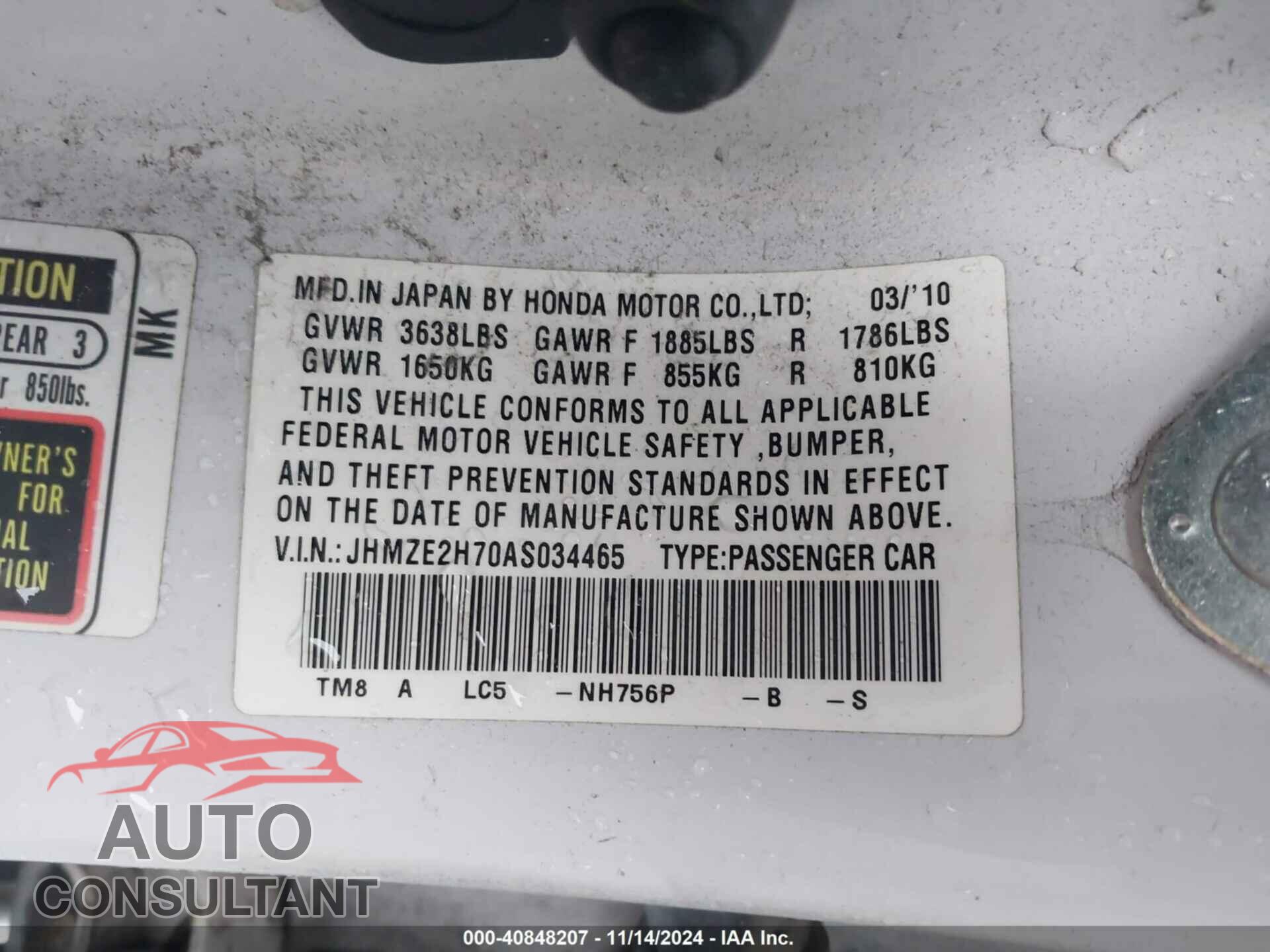 HONDA INSIGHT 2010 - JHMZE2H70AS034465