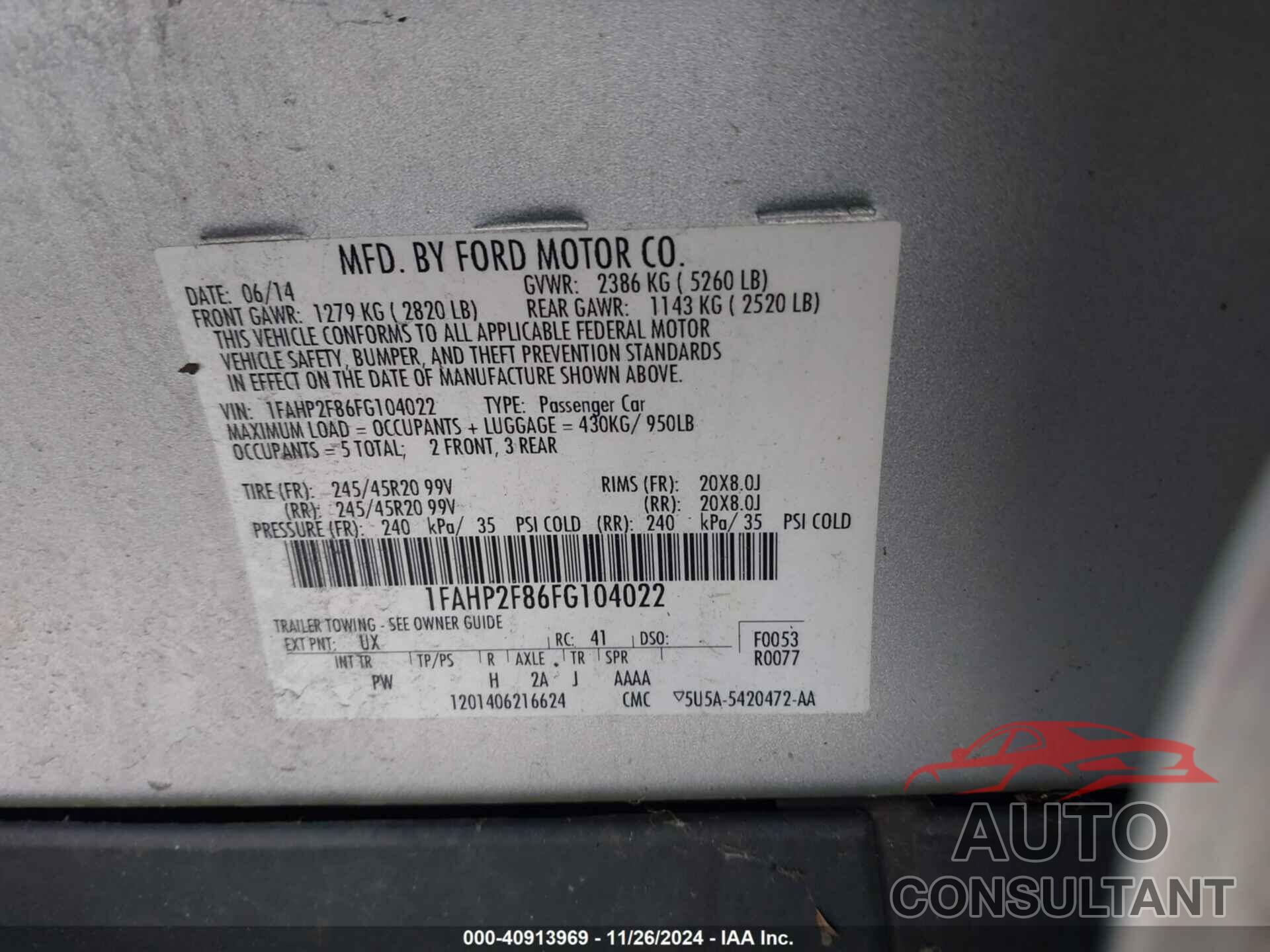 FORD TAURUS 2015 - 1FAHP2F86FG104022
