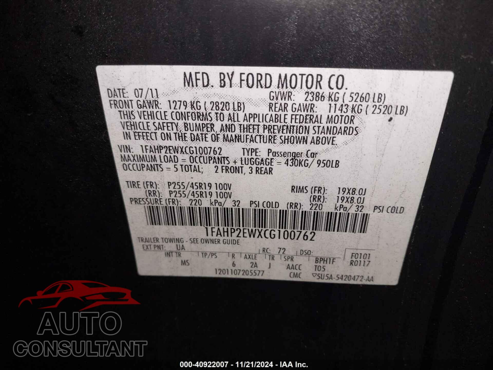 FORD TAURUS 2012 - 1FAHP2EWXCG100762