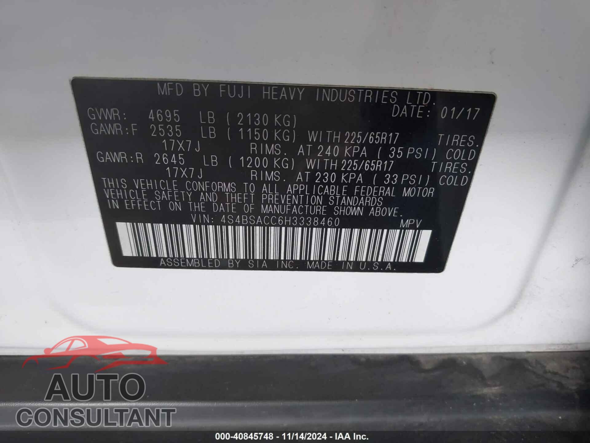 SUBARU OUTBACK 2017 - 4S4BSACC6H3338460