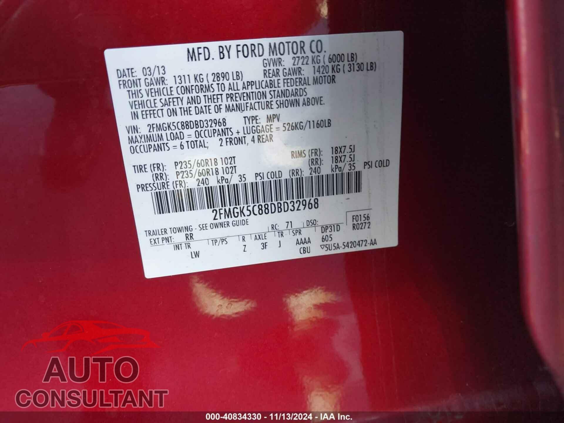 FORD FLEX 2013 - 2FMGK5C88DBD32968