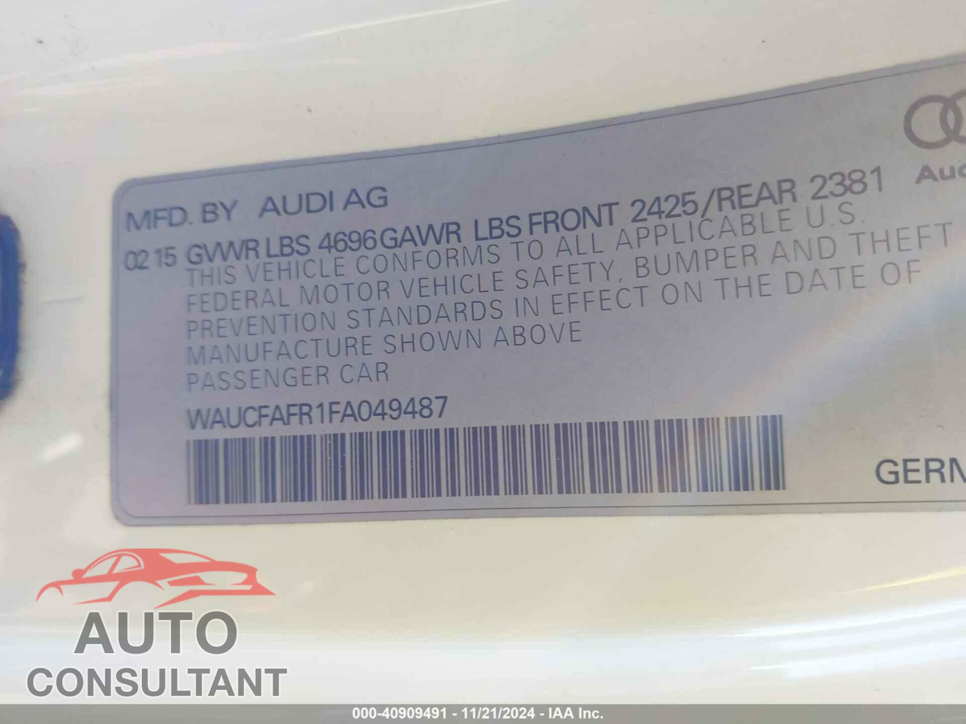 AUDI A5 2015 - WAUCFAFR1FA049487