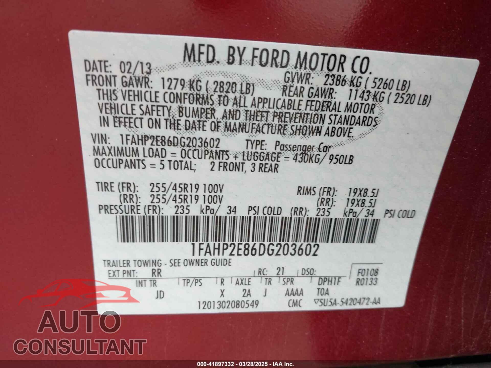 FORD TAURUS 2013 - 1FAHP2E86DG203602