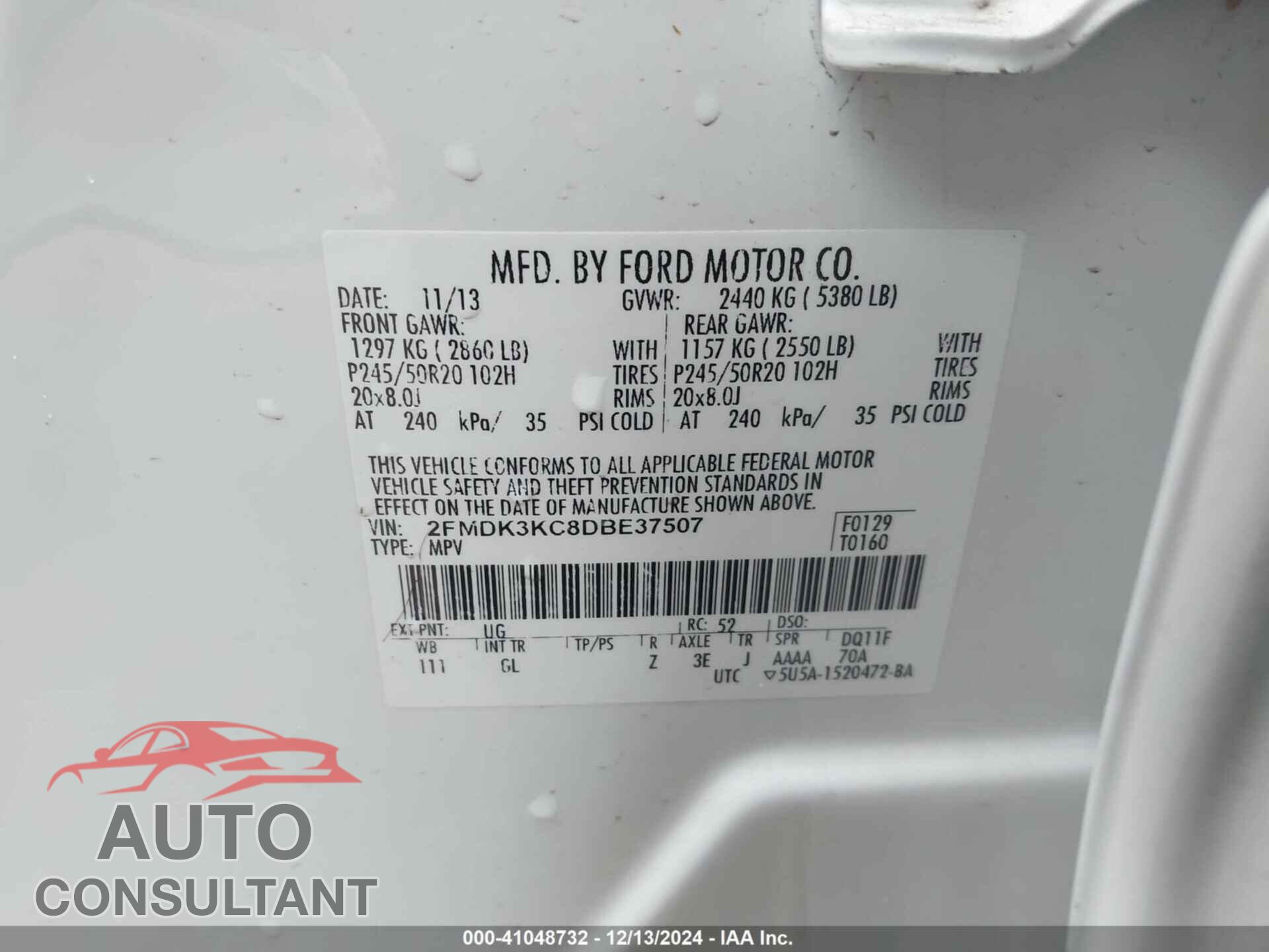 FORD EDGE 2013 - 2FMDK3KC8DBE37507