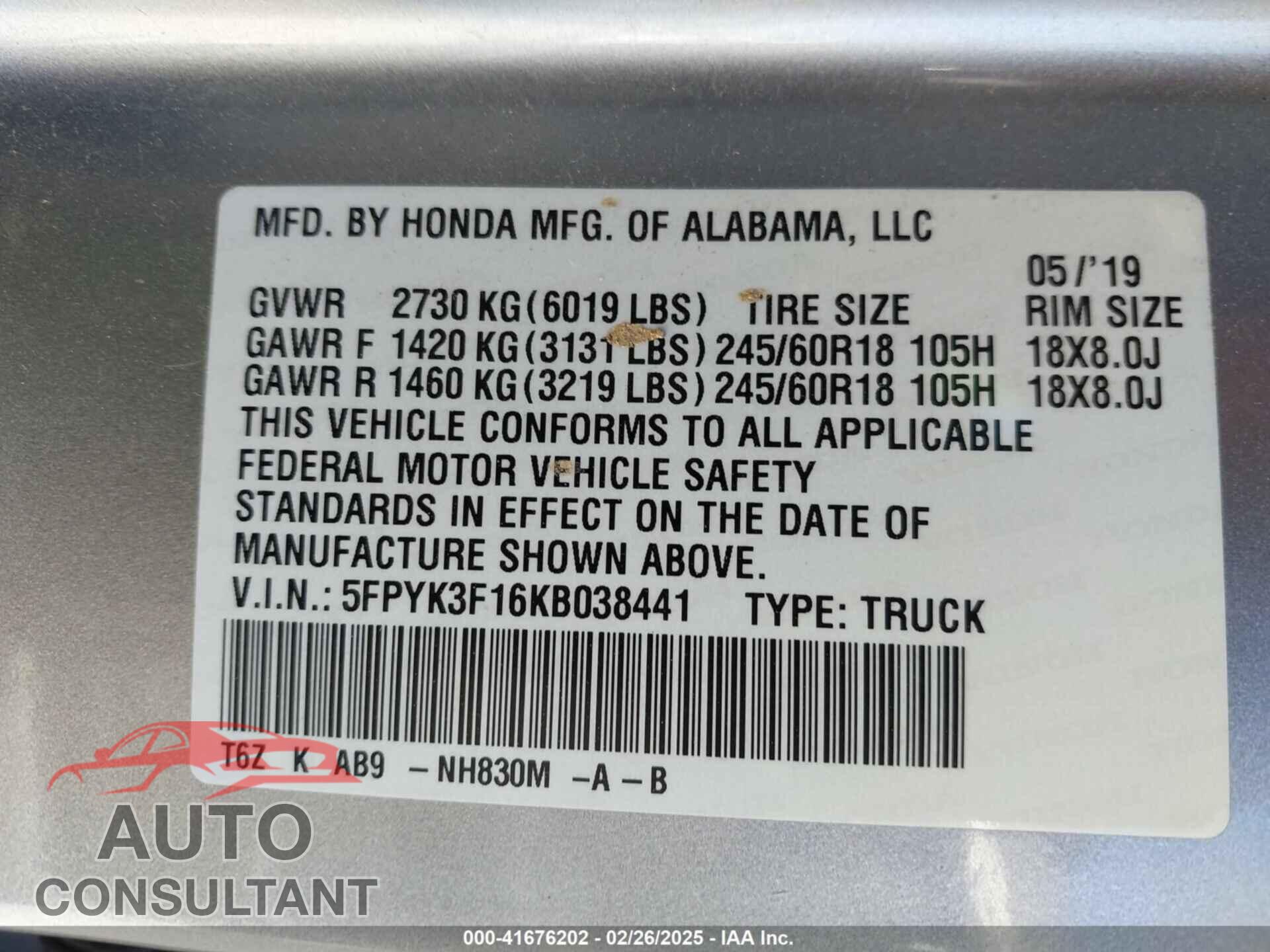 HONDA RIDGELINE 2019 - 5FPYK3F16KB038441