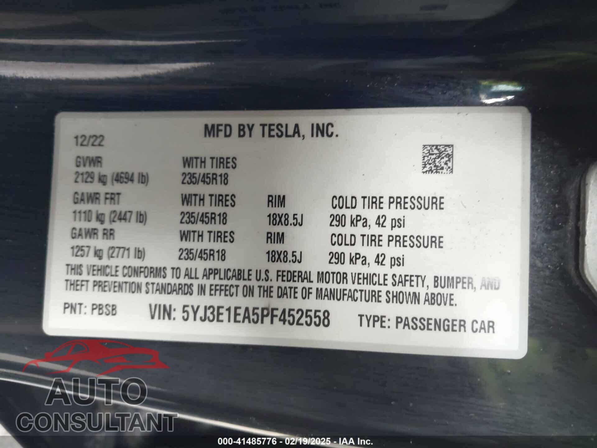 TESLA MODEL 3 2023 - 5YJ3E1EA5PF452558