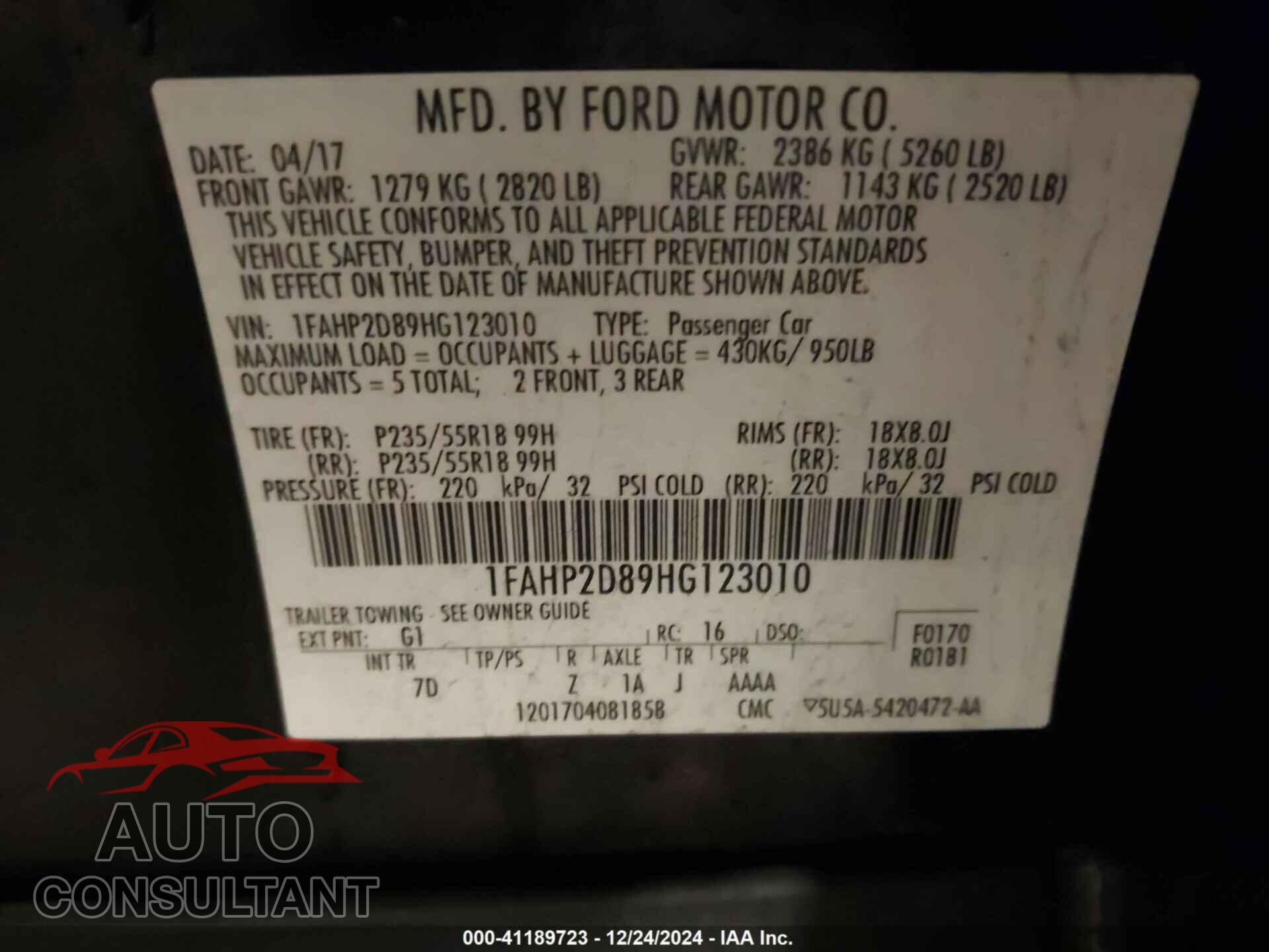 FORD TAURUS 2017 - 1FAHP2D89HG123010