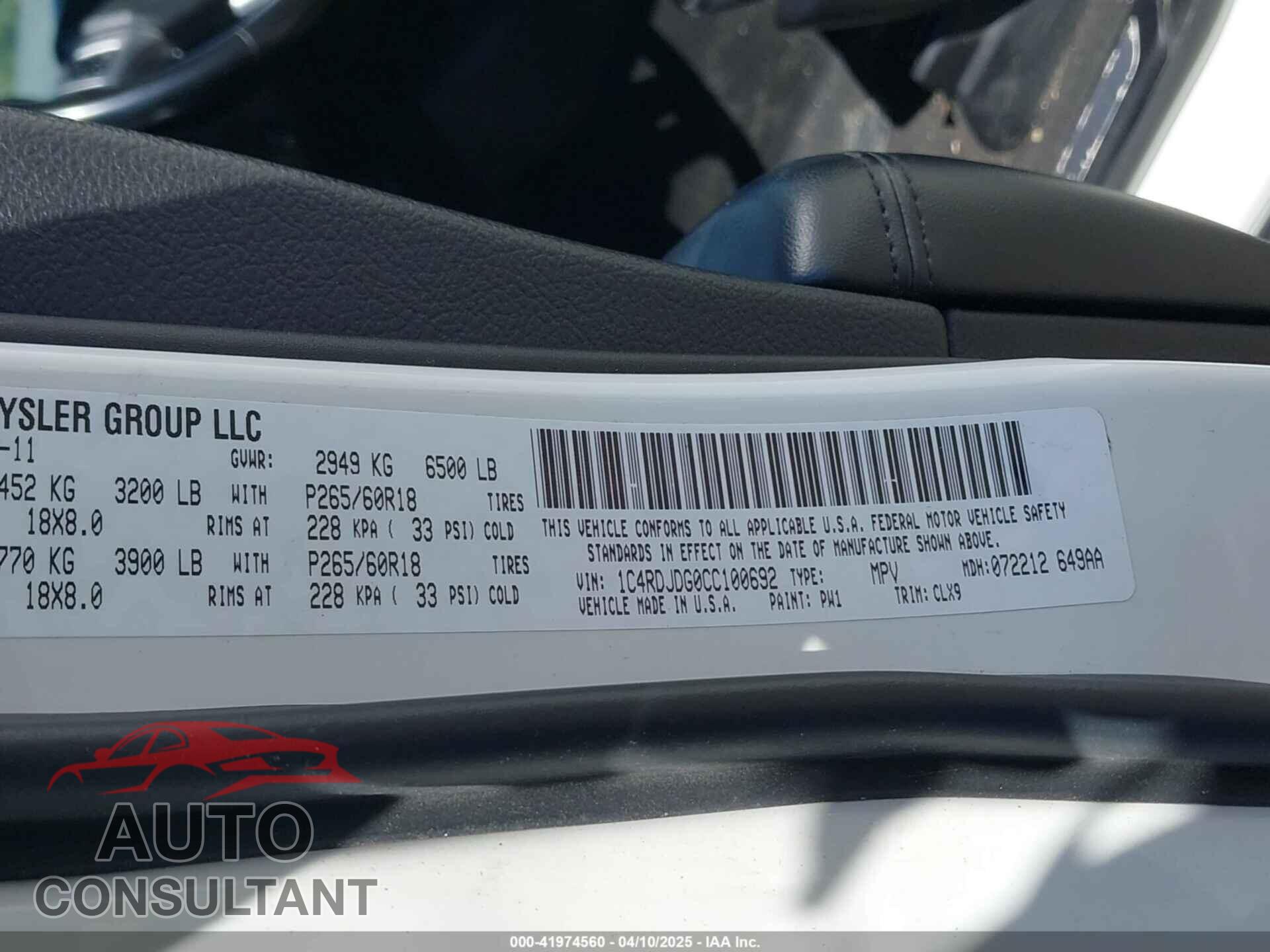 DODGE DURANGO 2012 - 1C4RDJDG0CC100692