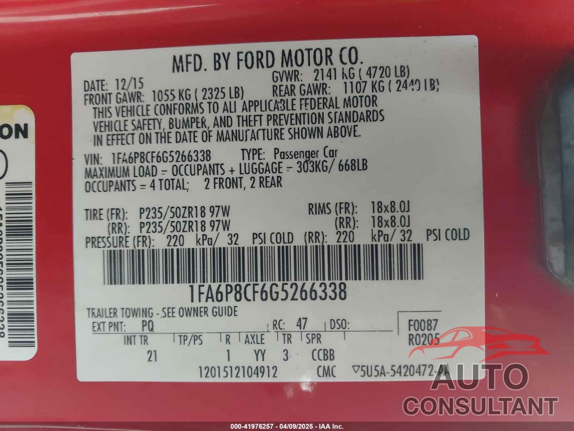 FORD MUSTANG 2016 - 1FA6P8CF6G5266338