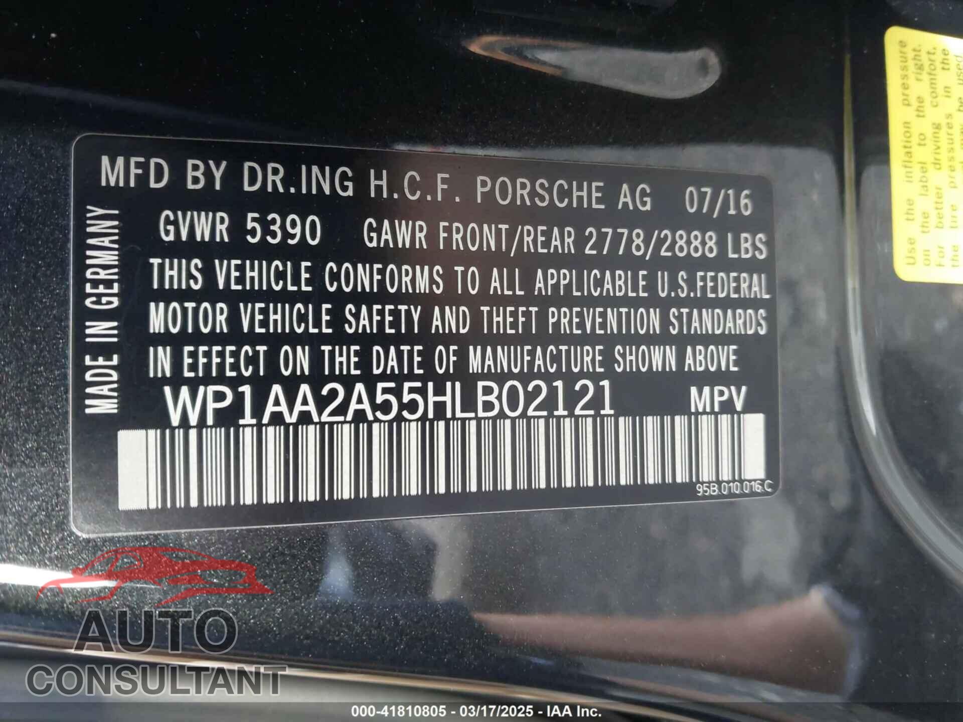 PORSCHE MACAN 2017 - WP1AA2A55HLB02121
