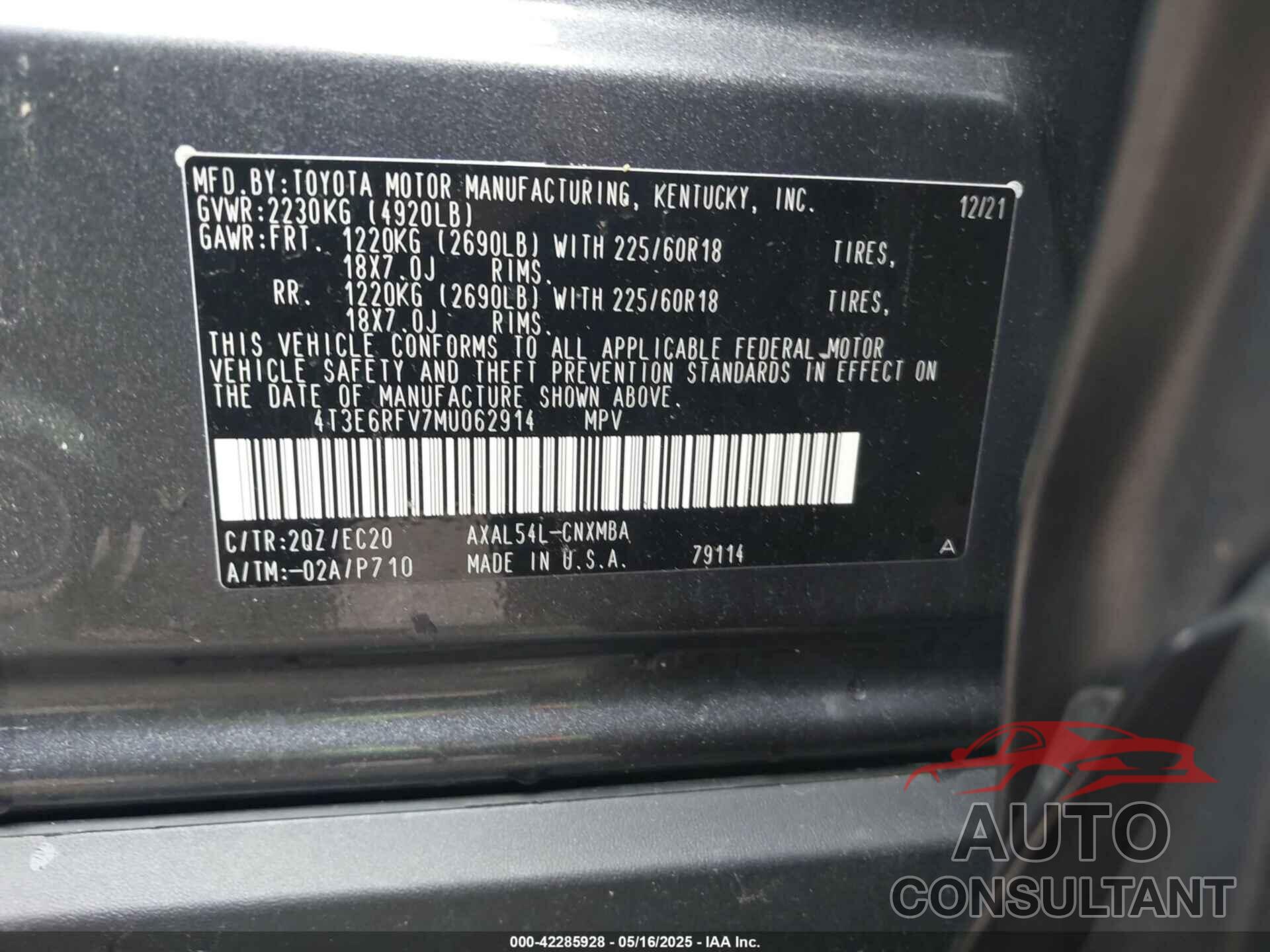TOYOTA RAV4 HYBRID 2021 - 4T3E6RFV7MU062914