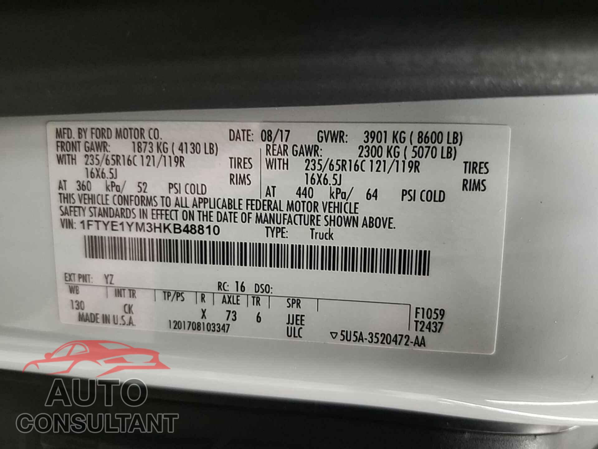 FORD TRANSIT-150 2017 - 1FTYE1YM3HKB48810