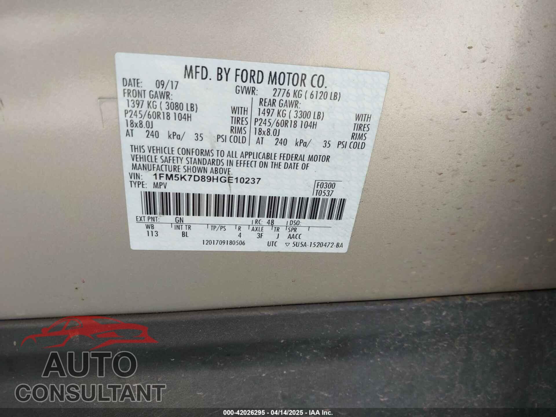 FORD EXPLORER 2017 - 1FM5K7D89HGE10237