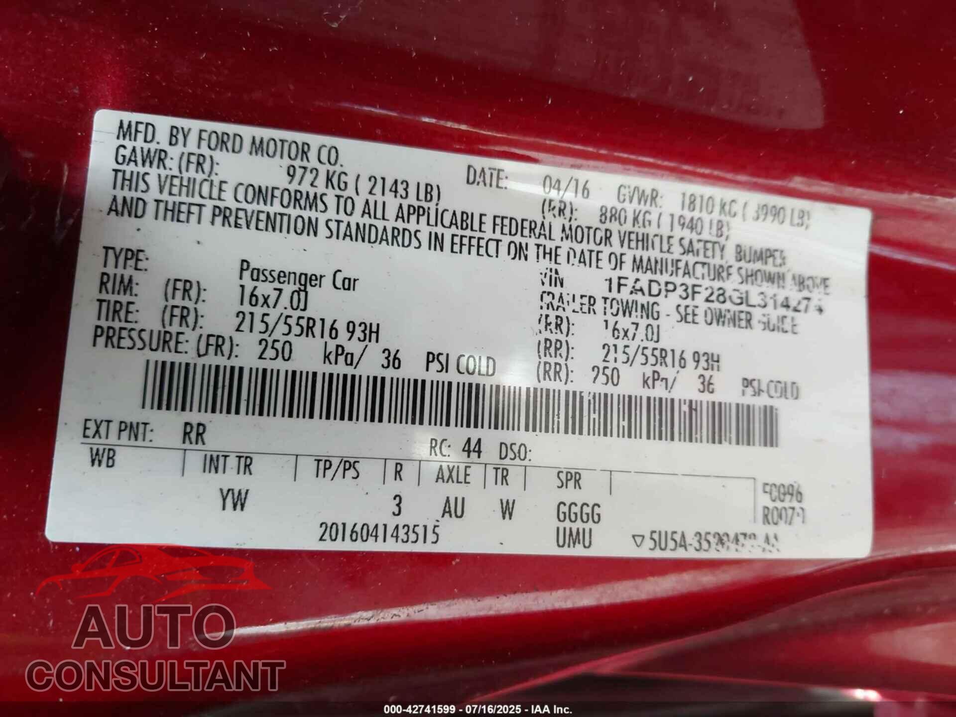 FORD FOCUS 2016 - 1FADP3F28GL314274