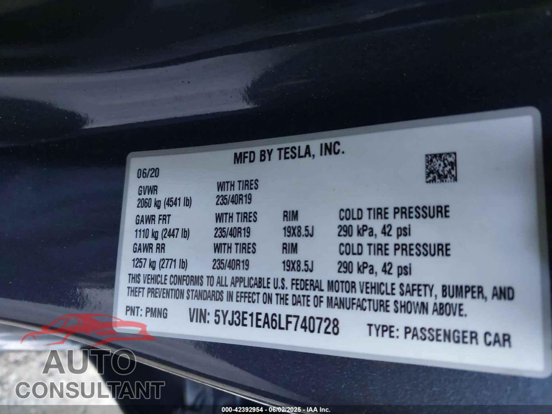 TESLA MODEL 3 2020 - 5YJ3E1EA6LF740728