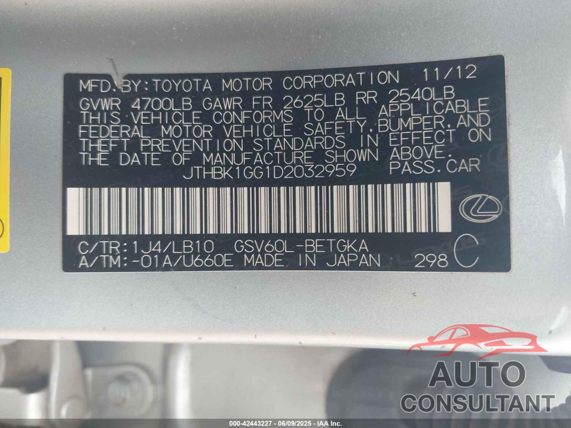 LEXUS ES 350 2013 - JTHBK1GG1D2032959