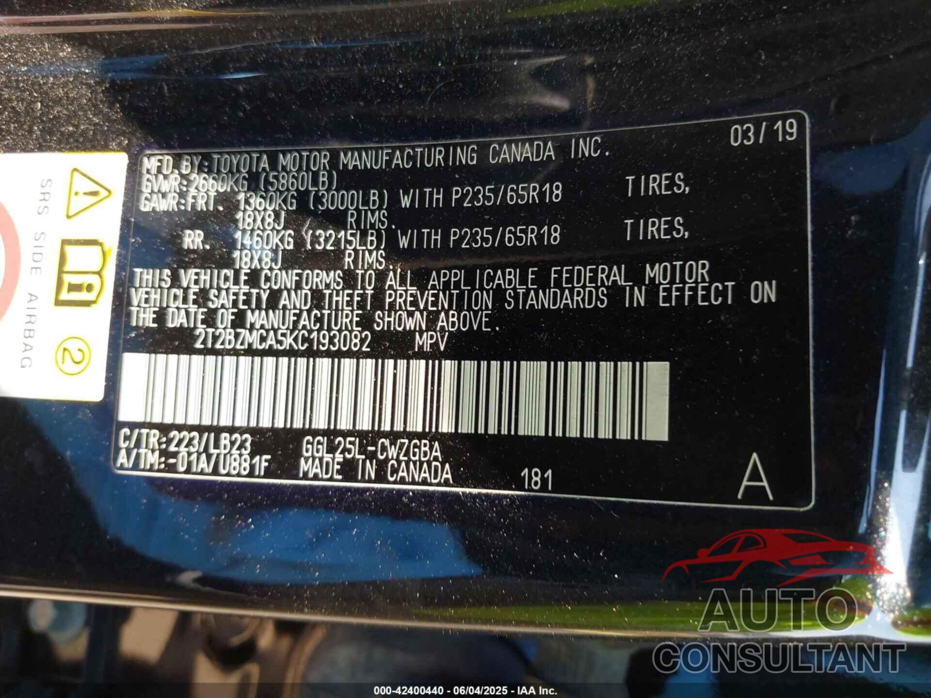 LEXUS RX 350 2019 - 2T2BZMCA5KC193082