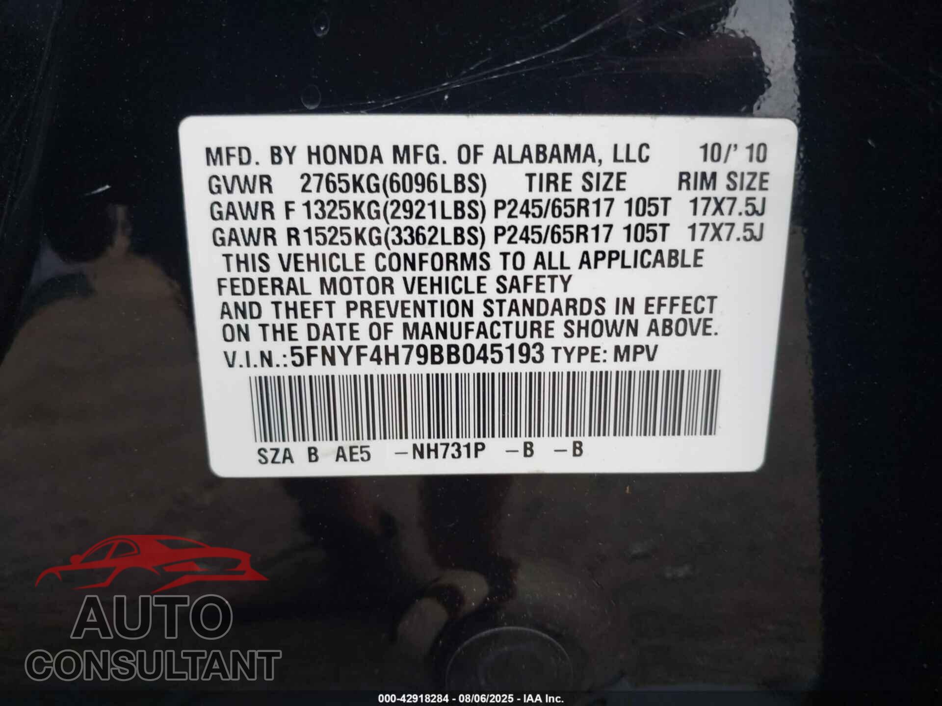 HONDA PILOT 2011 - 5FNYF4H79BB045193