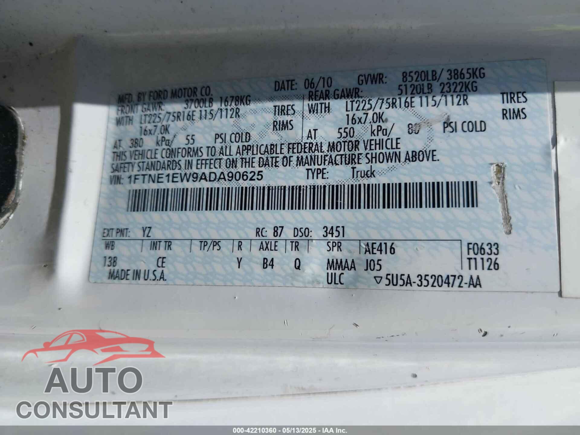 FORD E-150 2010 - 1FTNE1EW9ADA90625