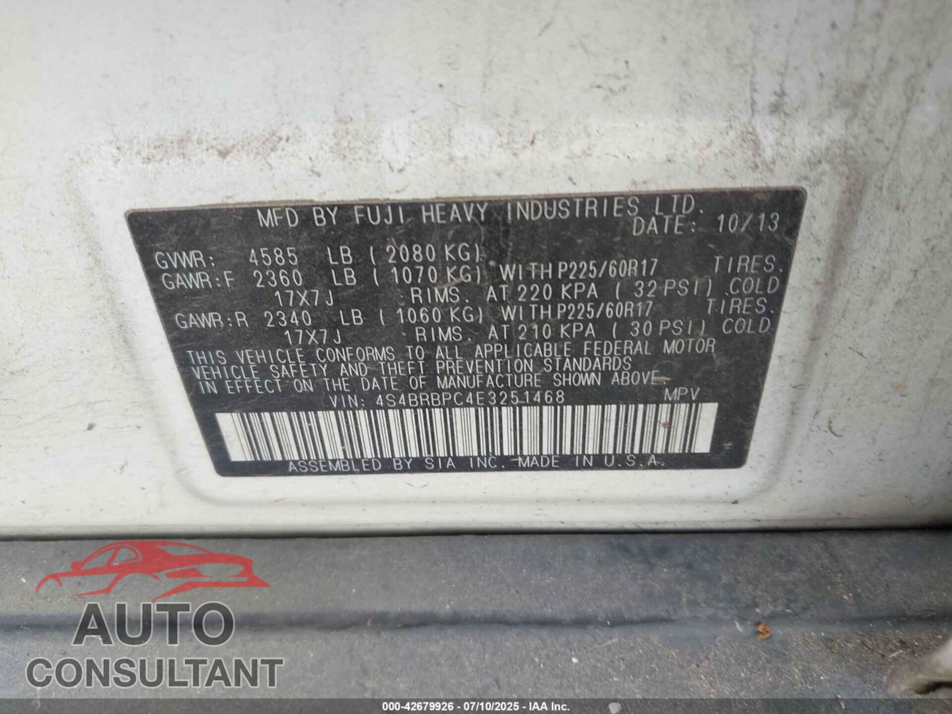 SUBARU OUTBACK 2014 - 4S4BRBPC4E3251468