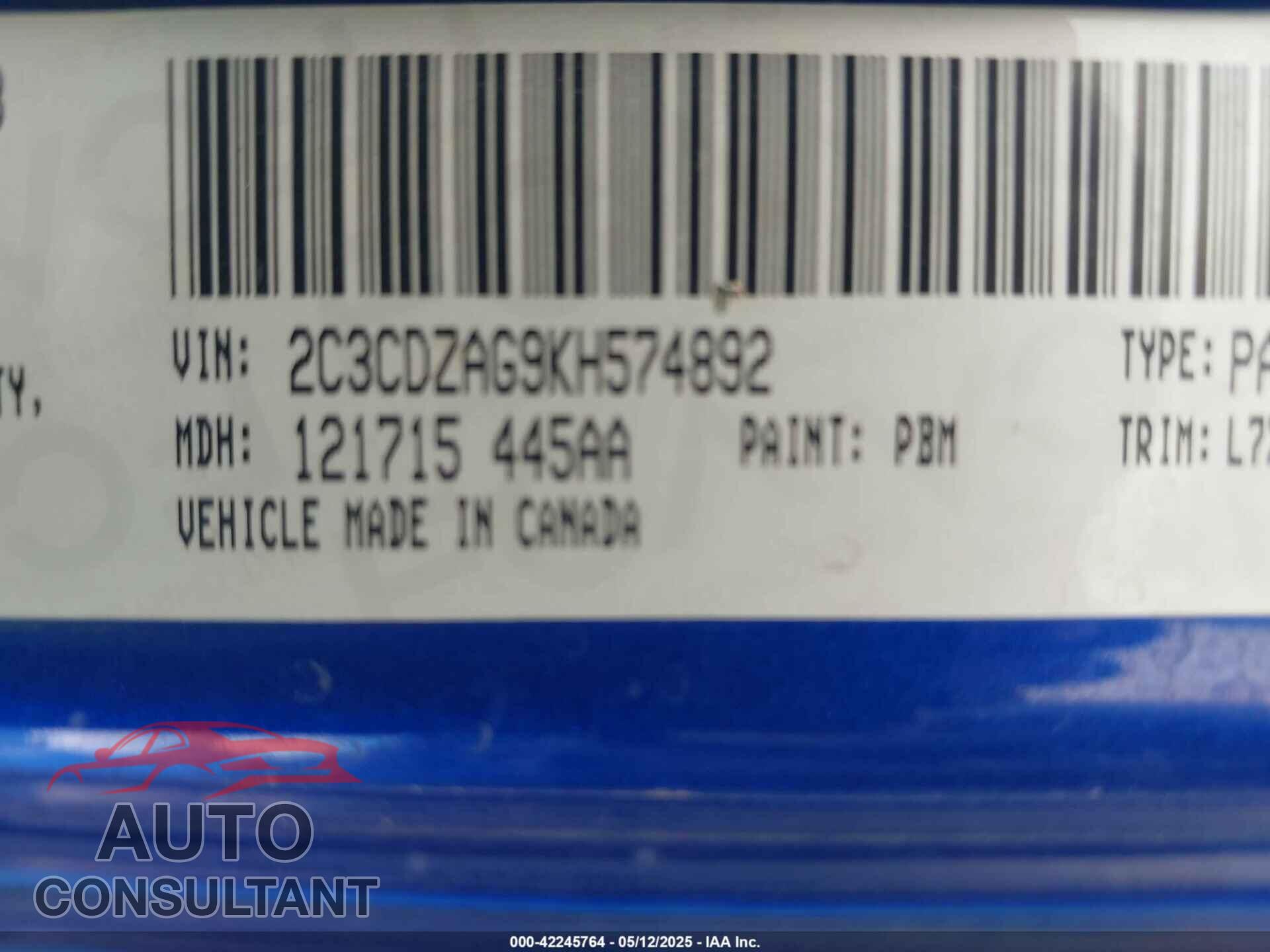 DODGE CHALLENGER 2019 - 2C3CDZAG9KH574892