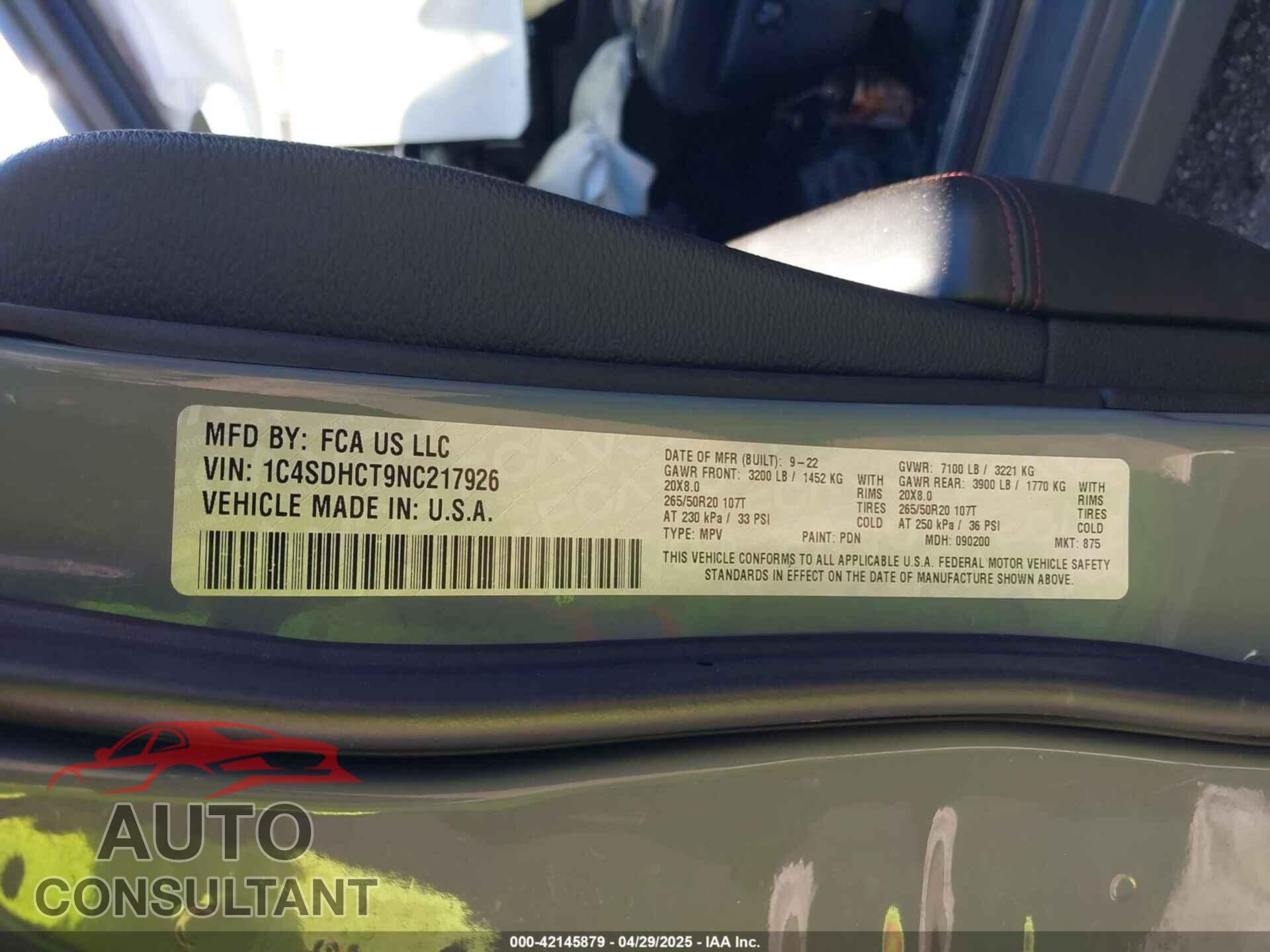 DODGE DURANGO 2022 - 1C4SDHCT9NC217926