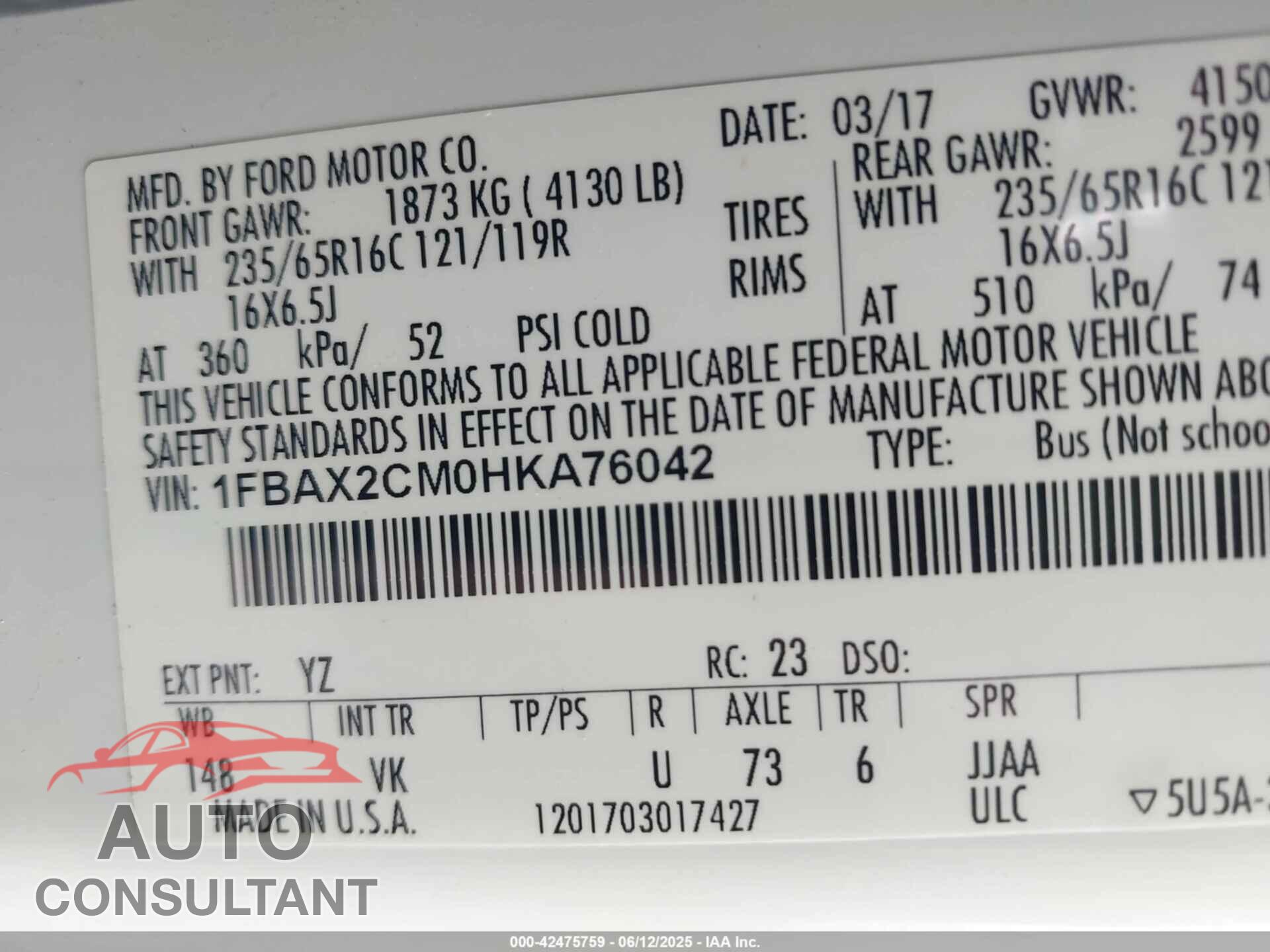 FORD TRANSIT-350 2017 - 1FBAX2CM0HKA76042
