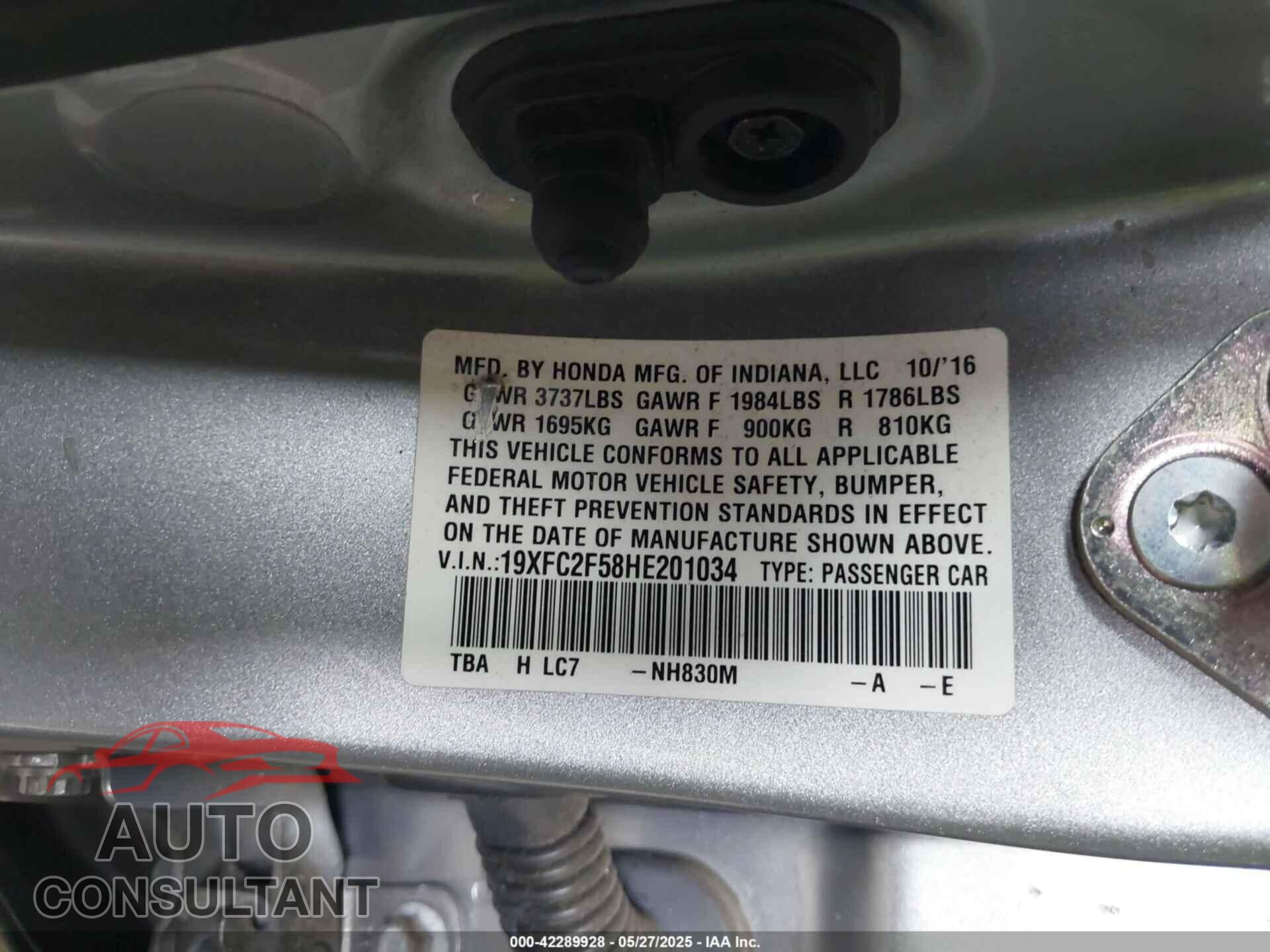HONDA CIVIC 2017 - 19XFC2F58HE201034
