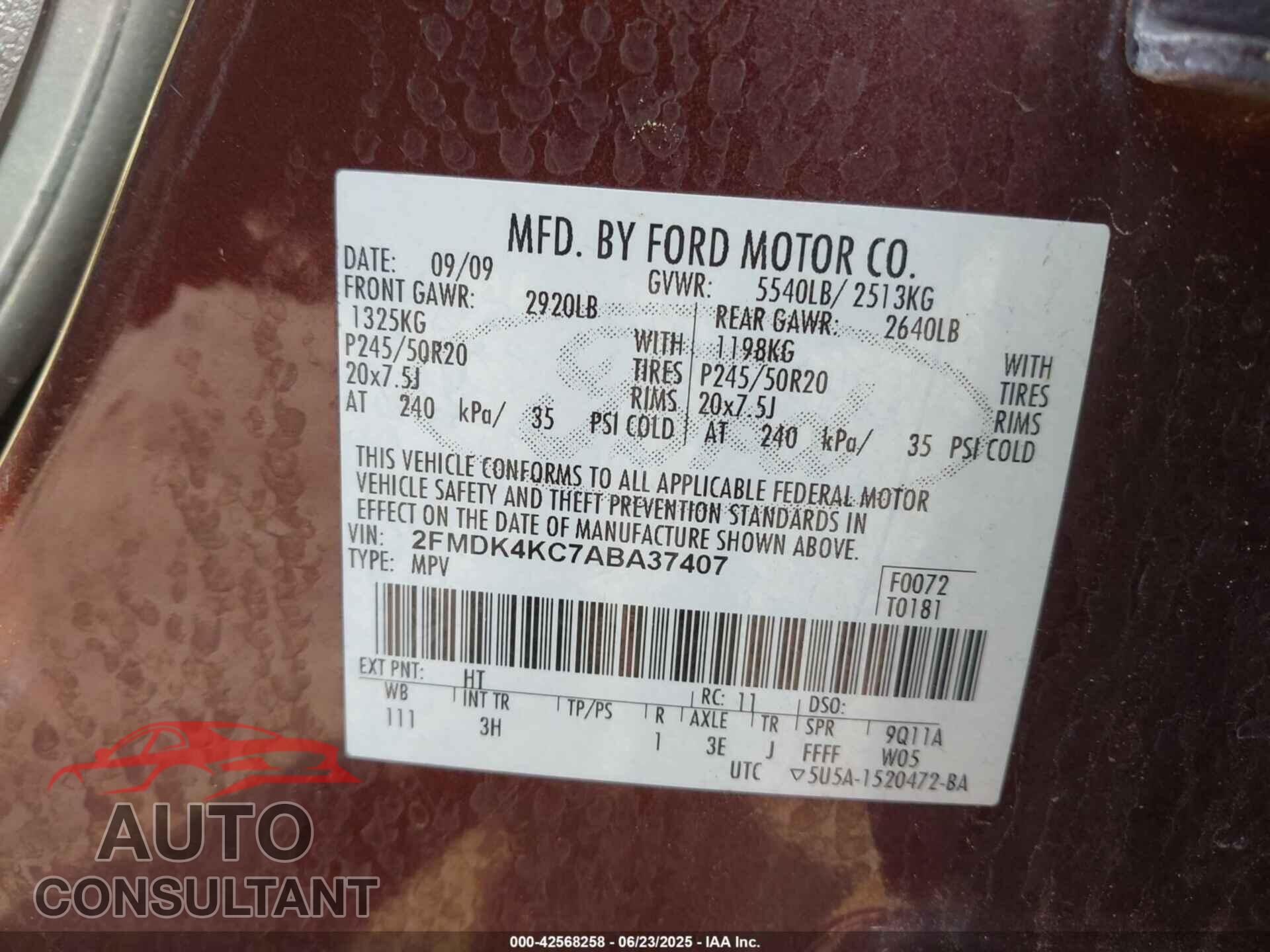 FORD EDGE 2010 - 2FMDK4KC7ABA37407