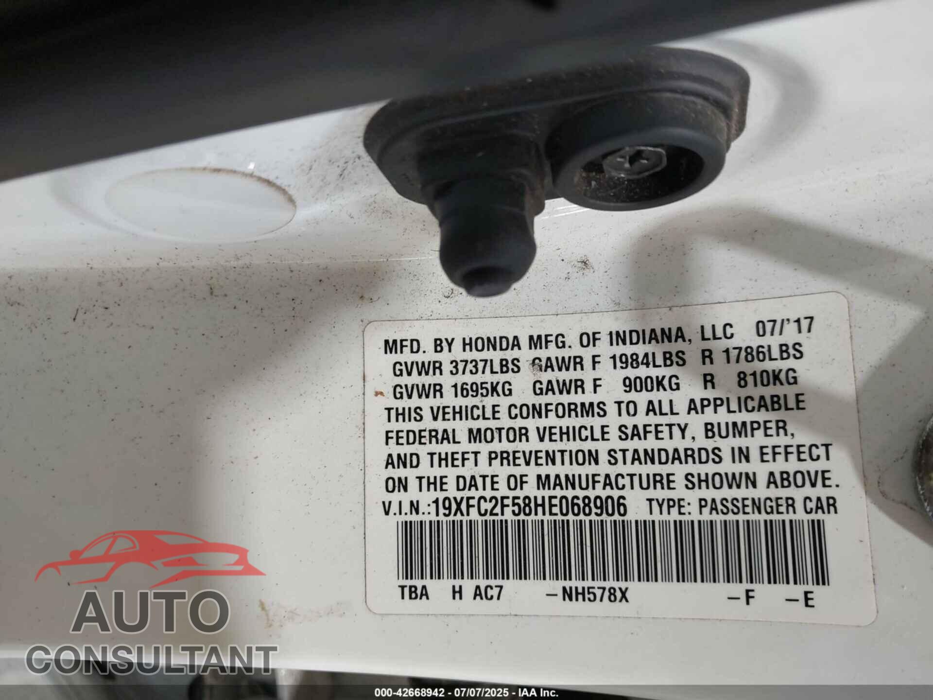 HONDA CIVIC 2017 - 19XFC2F58HE068906