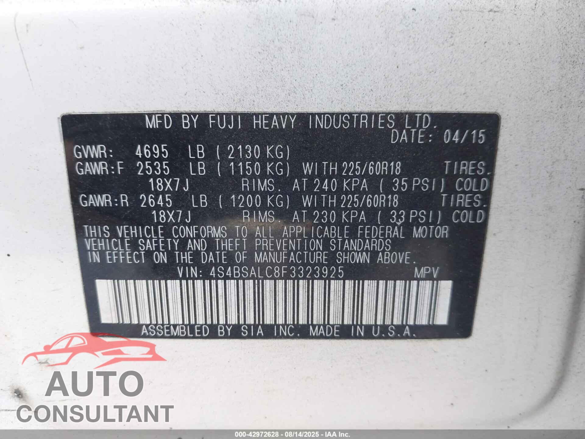 SUBARU OUTBACK 2015 - 4S4BSALC8F3323925