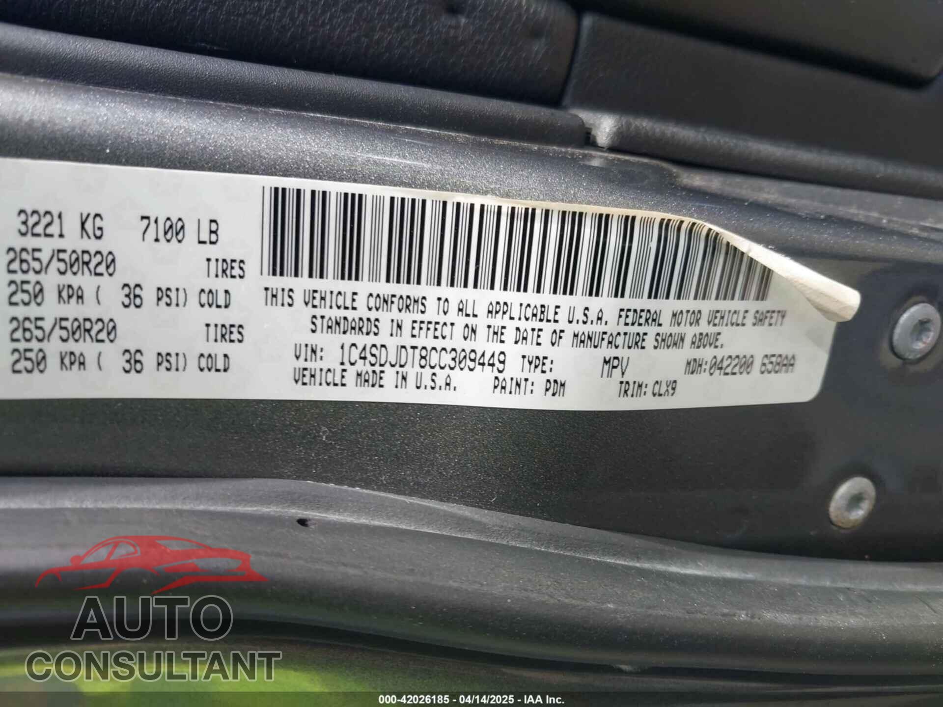 DODGE DURANGO 2012 - 1C4SDJDT8CC309449