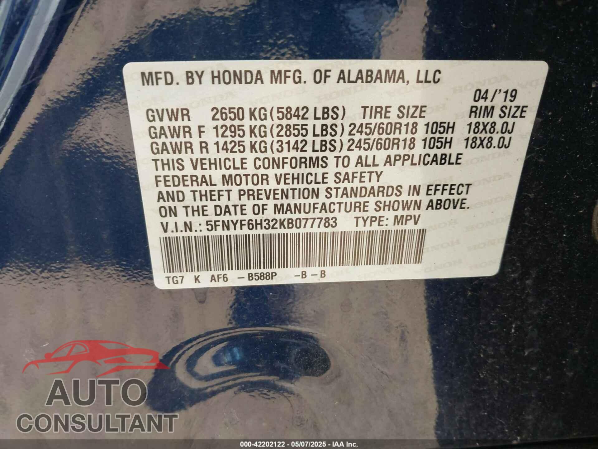 HONDA PILOT 2019 - 5FNYF6H32KB077783
