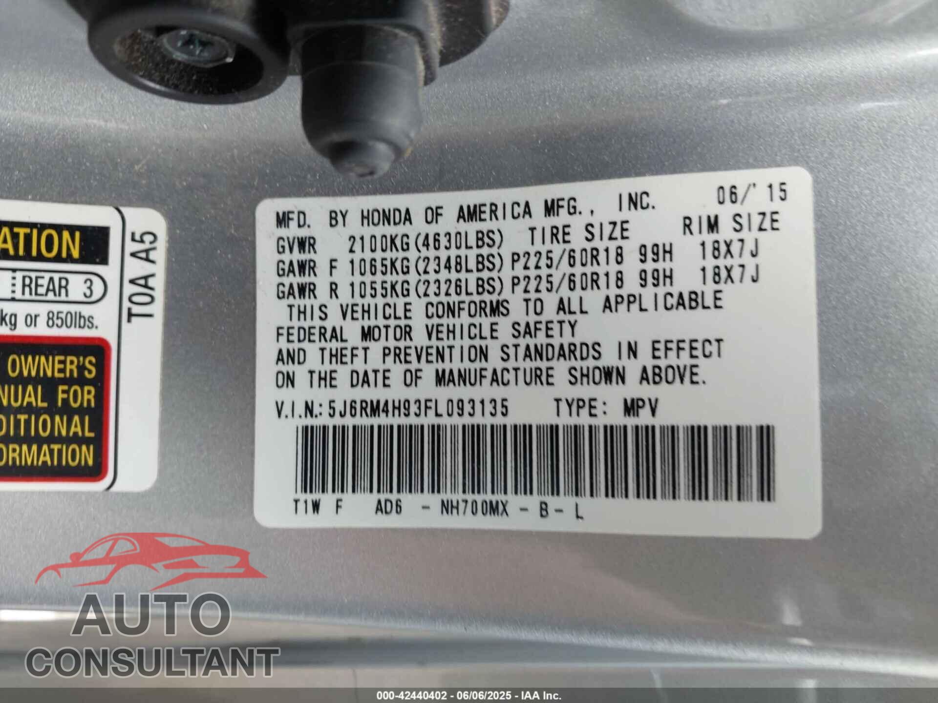 HONDA CR-V 2015 - 5J6RM4H93FL093135