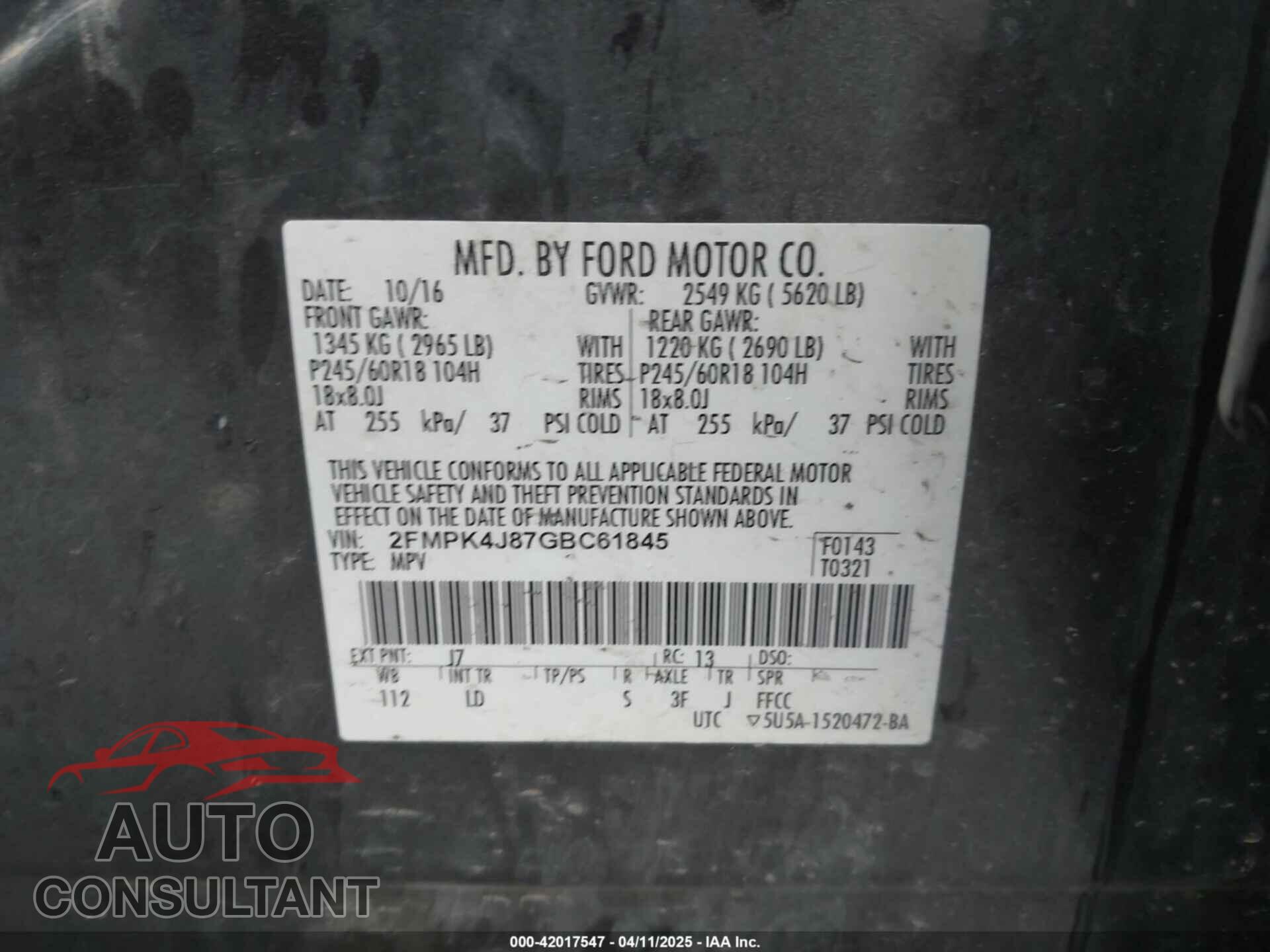FORD EDGE 2016 - 2FMPK4J87GBC61845