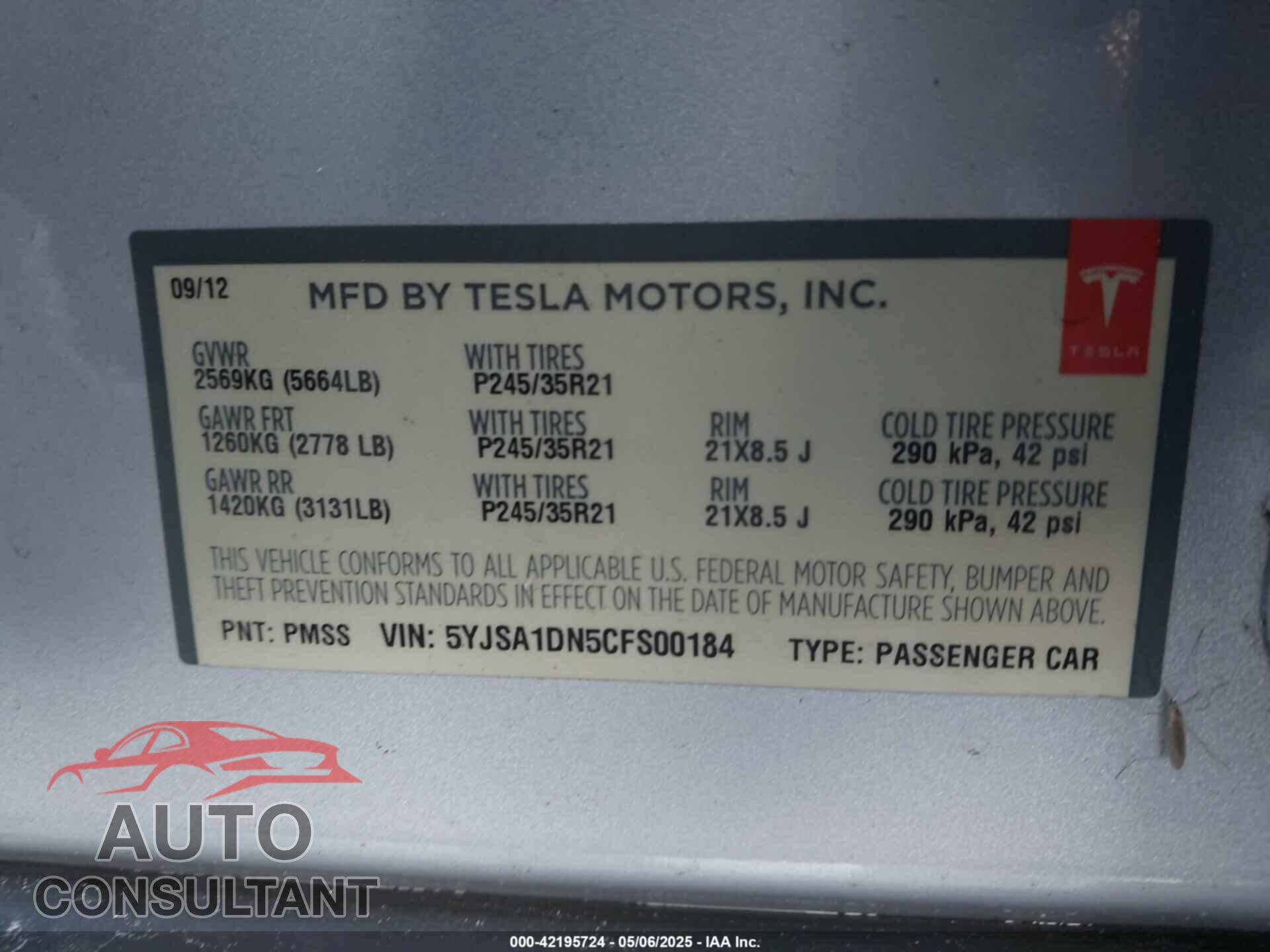 TESLA MODEL S 2012 - 5YJSA1DN5CFS00184