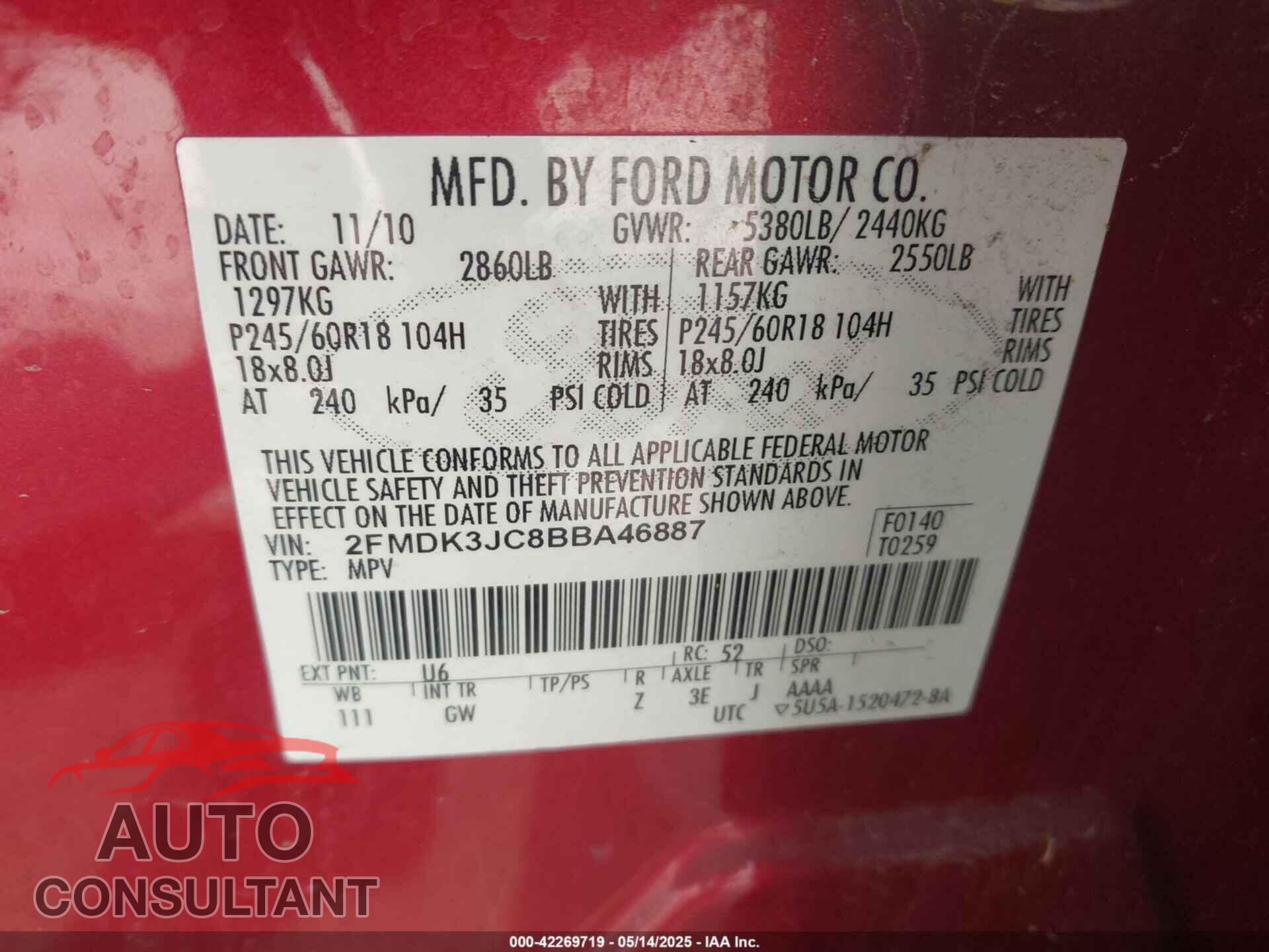 FORD EDGE 2011 - 2FMDK3JC8BBA46887