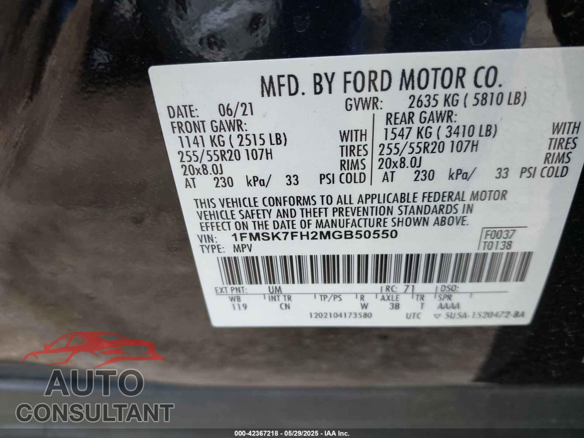 FORD EXPLORER 2021 - 1FMSK7FH2MGB50550