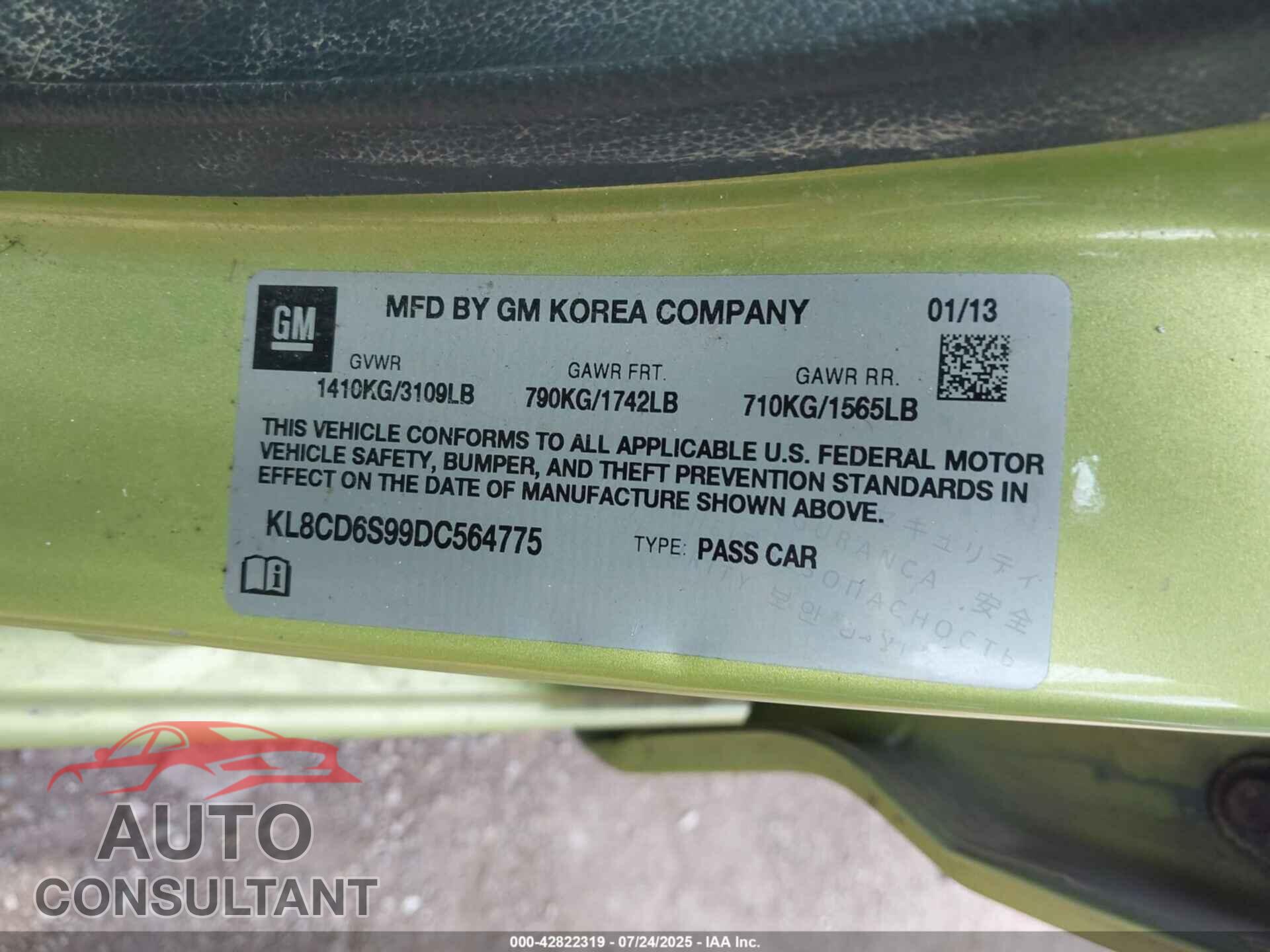 CHEVROLET SPARK 2013 - KL8CD6S99DC564775