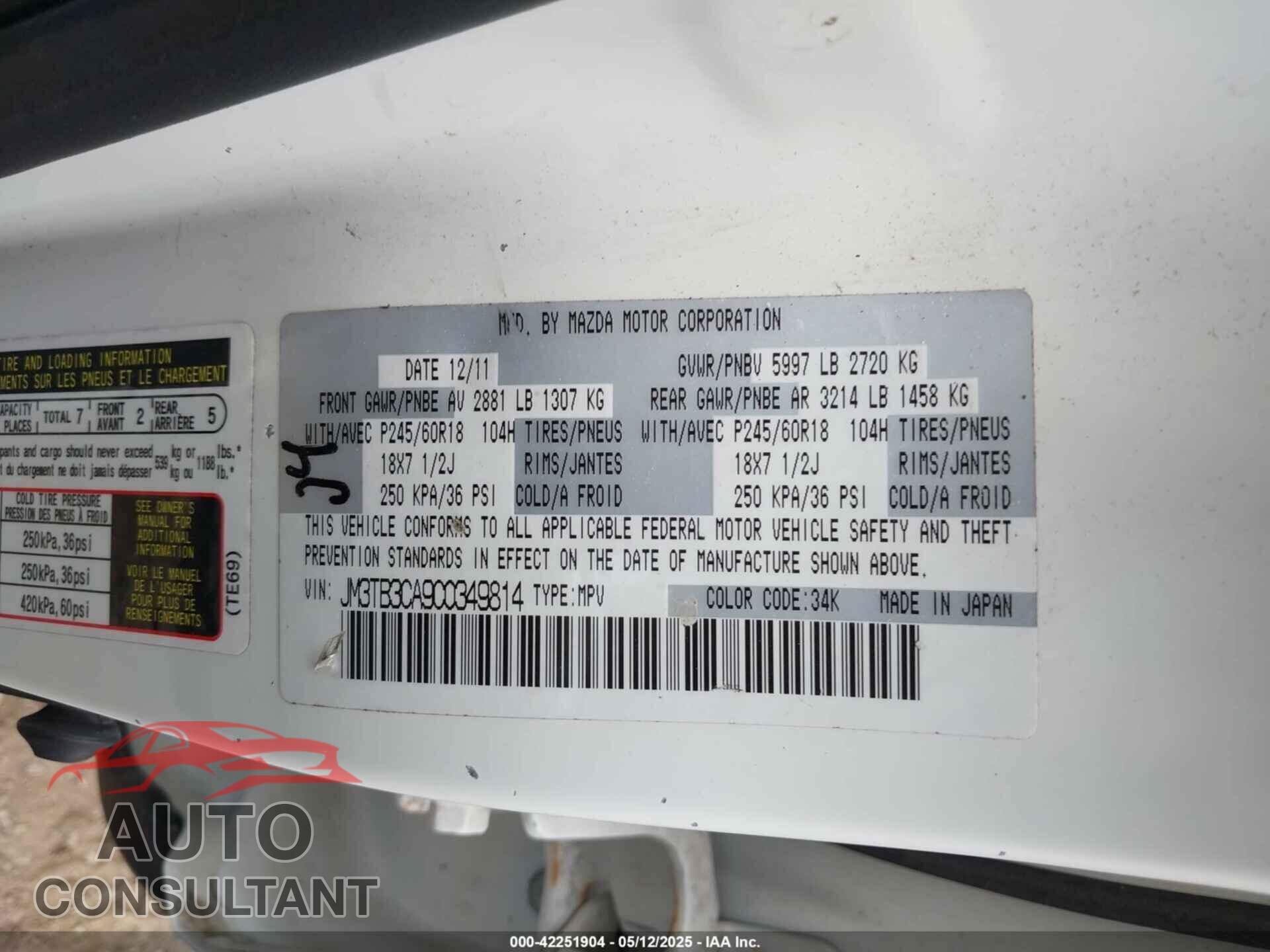 MAZDA CX-9 2012 - JM3TB3CA9C0349814