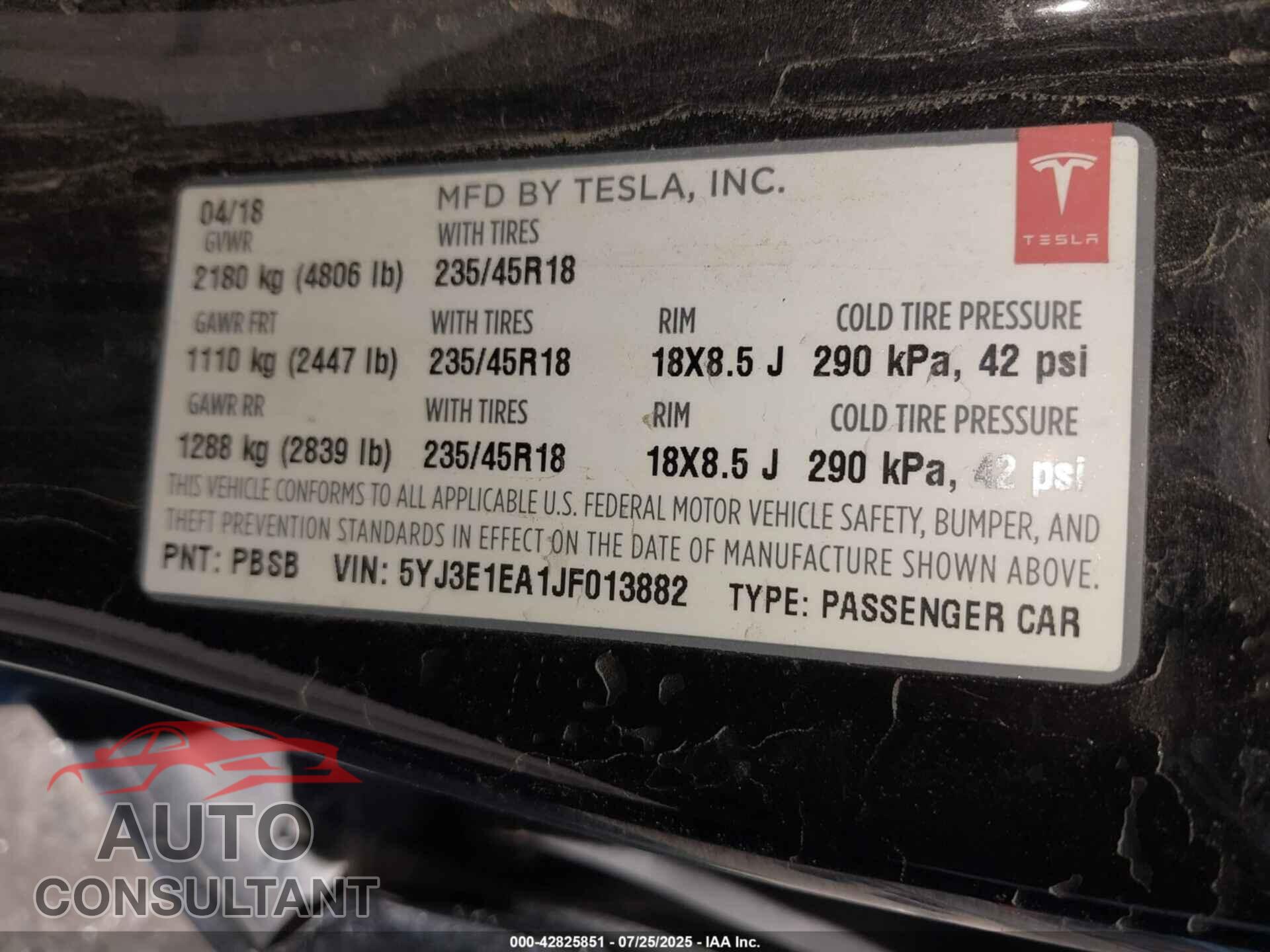 TESLA MODEL 3 2018 - 5YJ3E1EA1JF013882