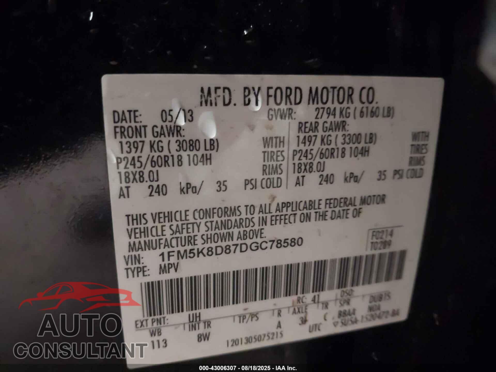 FORD EXPLORER 2013 - 1FM5K8D87DGC78580