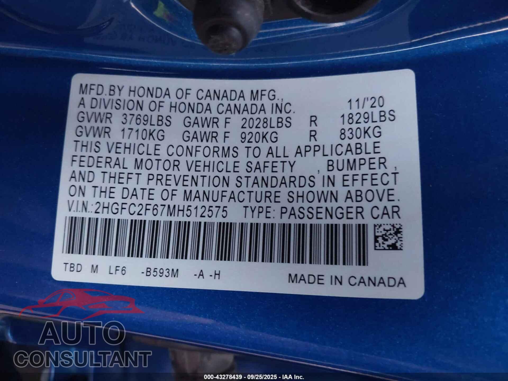 HONDA CIVIC 2021 - 2HGFC2F67MH512575