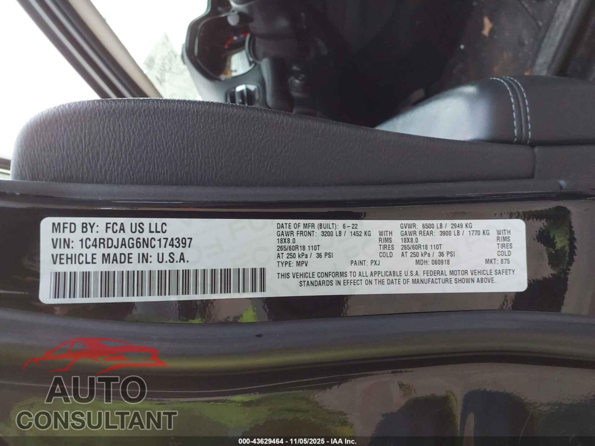 DODGE DURANGO 2022 - 1C4RDJAG6NC174397
