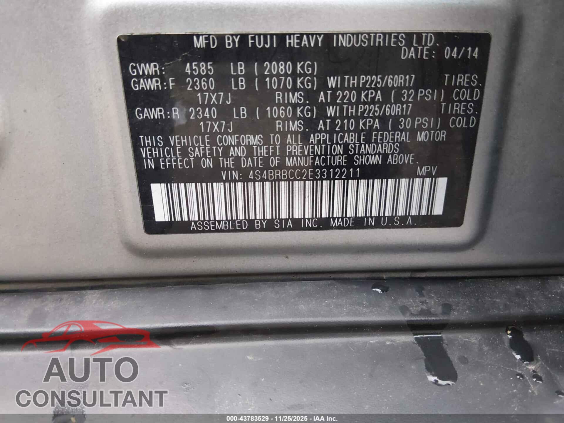 SUBARU OUTBACK 2014 - 4S4BRBCC2E3312211