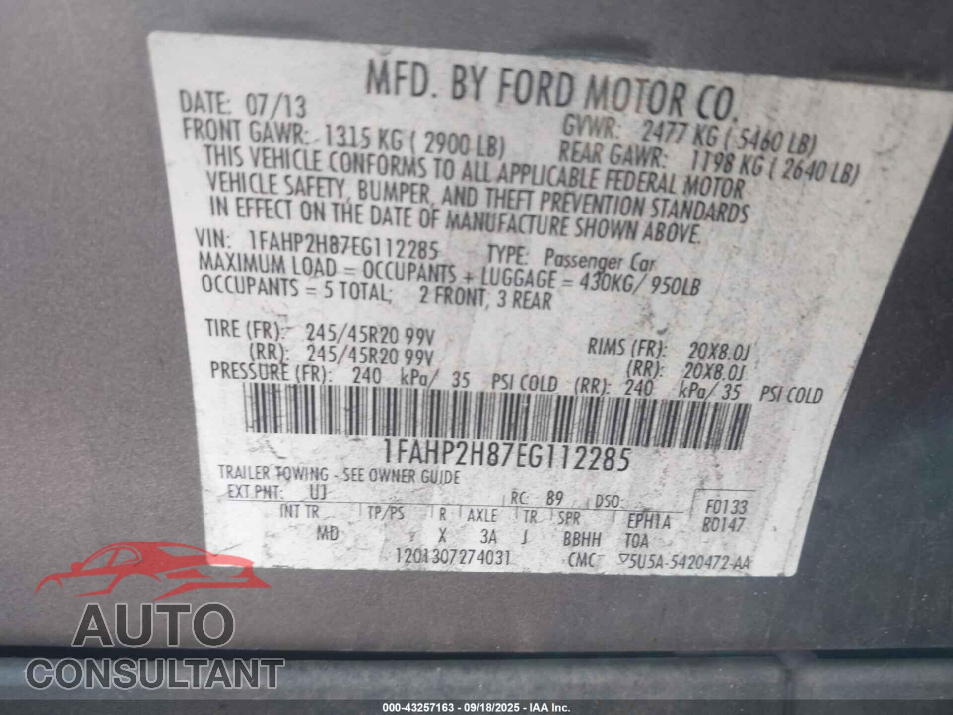 FORD TAURUS 2014 - 1FAHP2H87EG112285