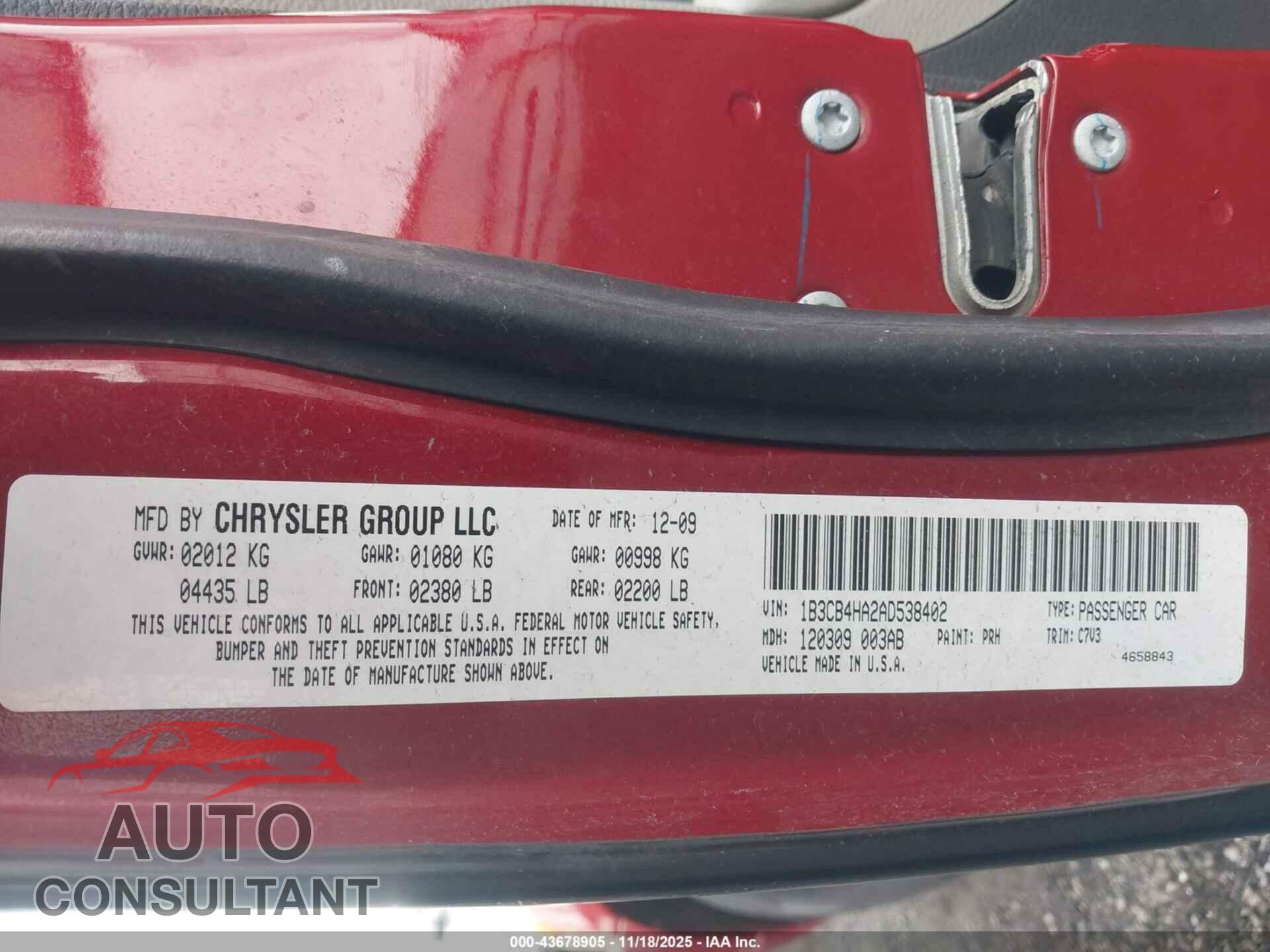 DODGE CALIBER 2010 - 1B3CB4HA2AD538402