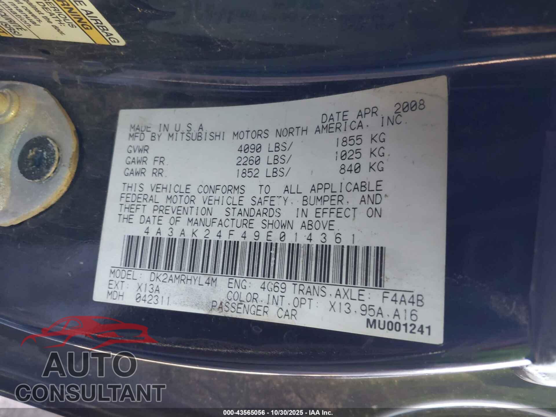 MITSUBISHI ECLIPSE 2009 - 4A3AK24F49E014361