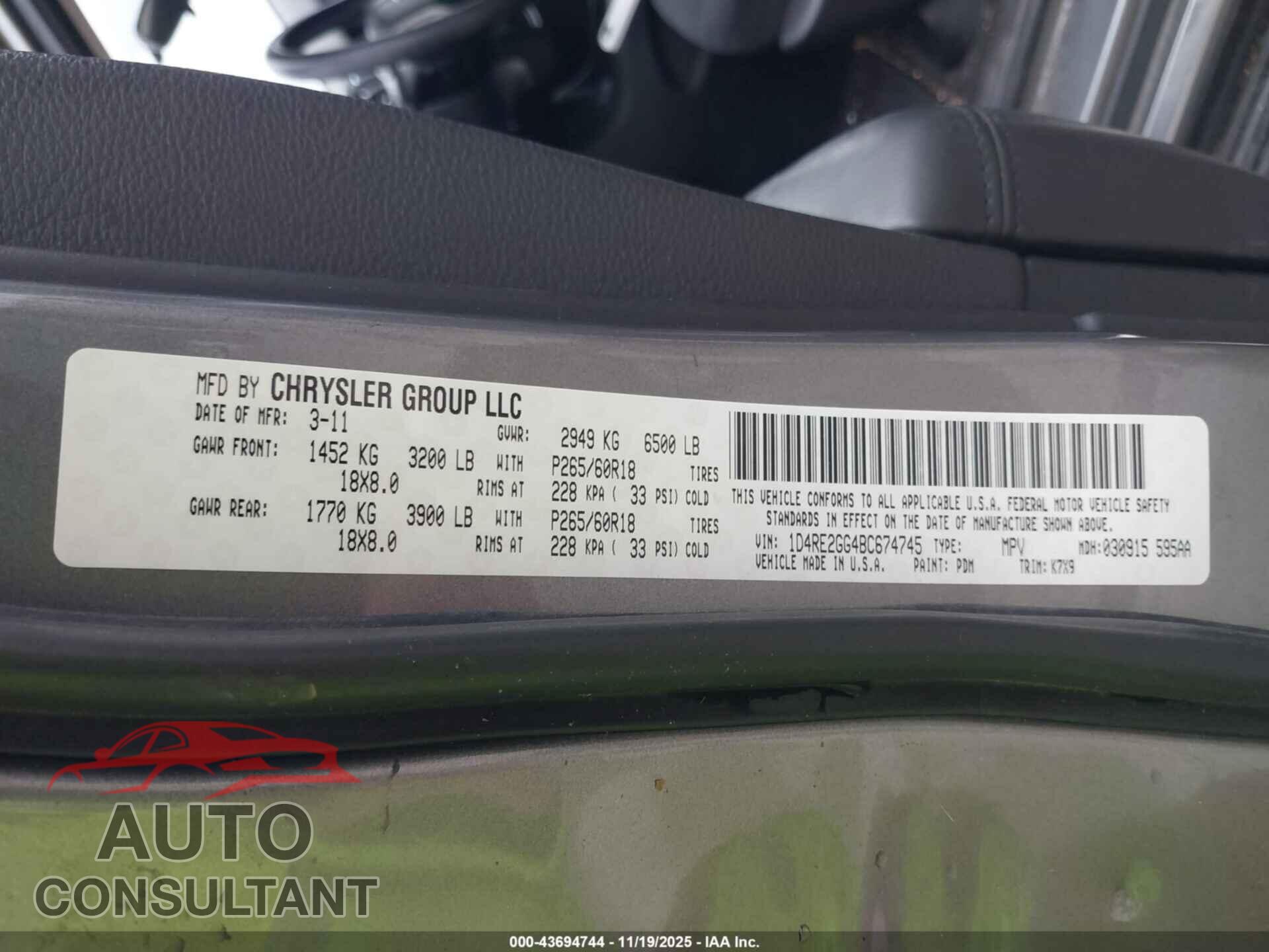 DODGE DURANGO 2011 - 1D4RE2GG4BC674745
